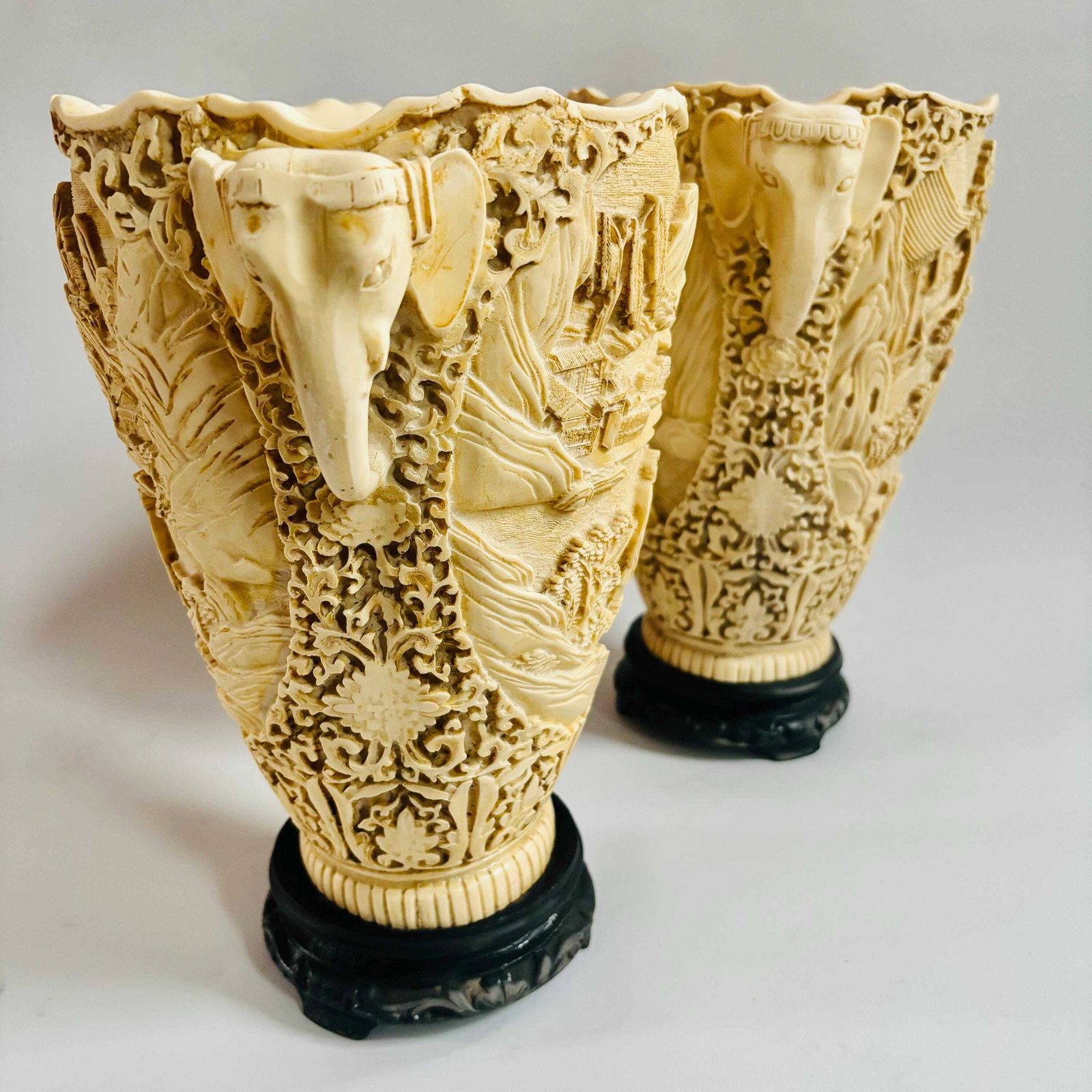 1950s Chinese Chinoiserie Resin Vases: Elephant Handles, Pagoda Scene. photo 229.0