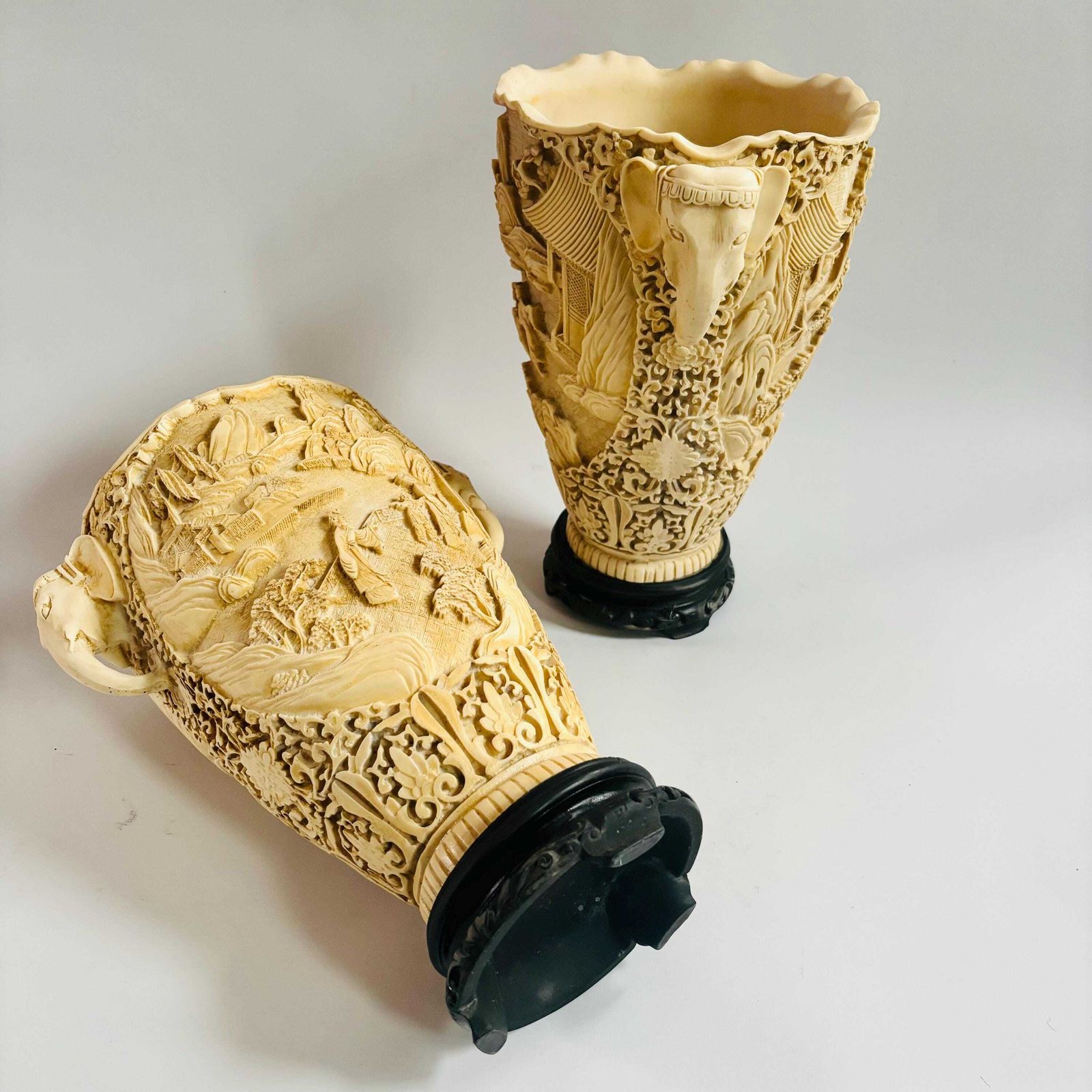photo for sale 1950s Chinese Chinoiserie Resin Vases: Elephant Handles, Pagoda Scene.