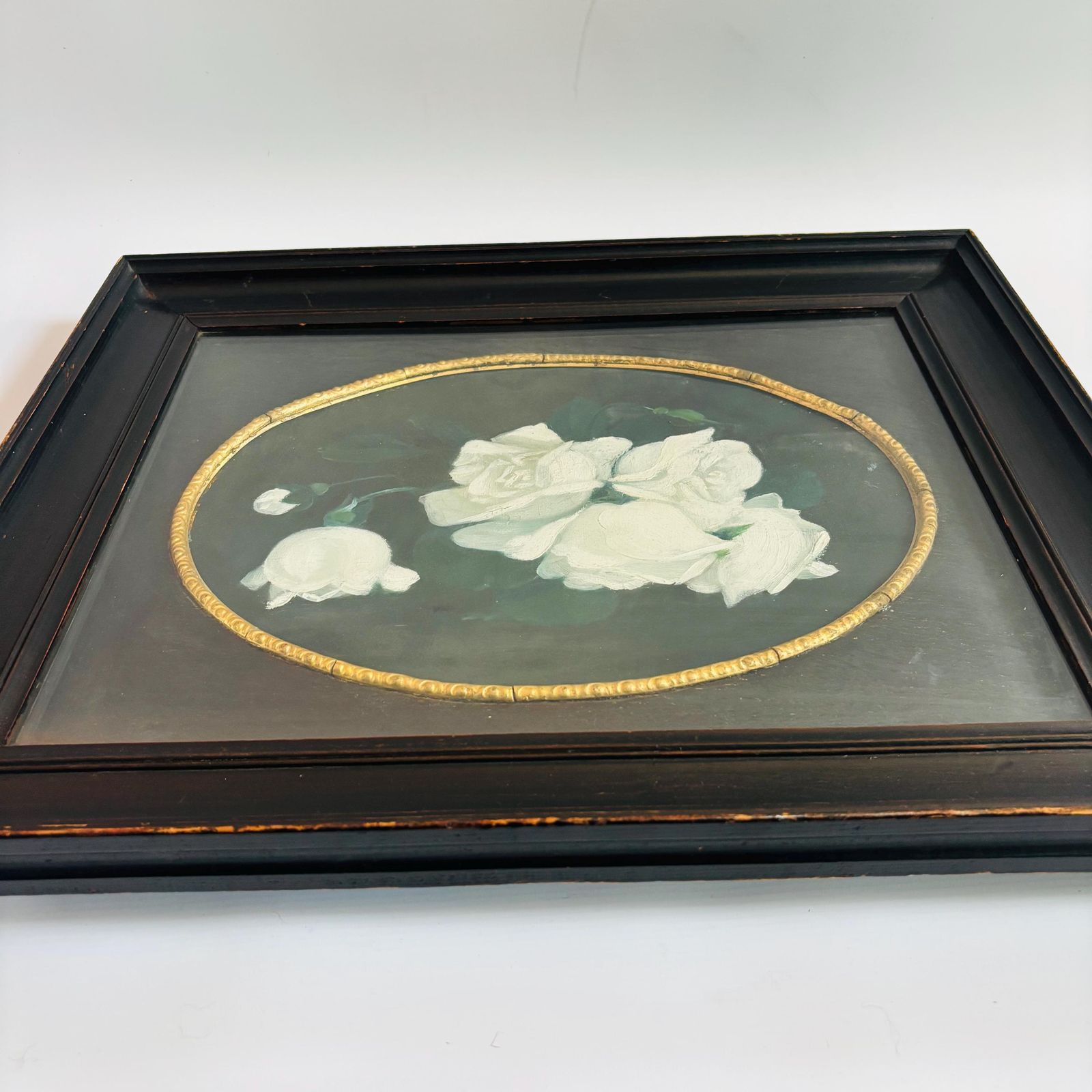 Antique Victorian Oil Painting: White Rose Bouquet, Oval Gold Frame Glasgow Scotland 1800s. photo for sale