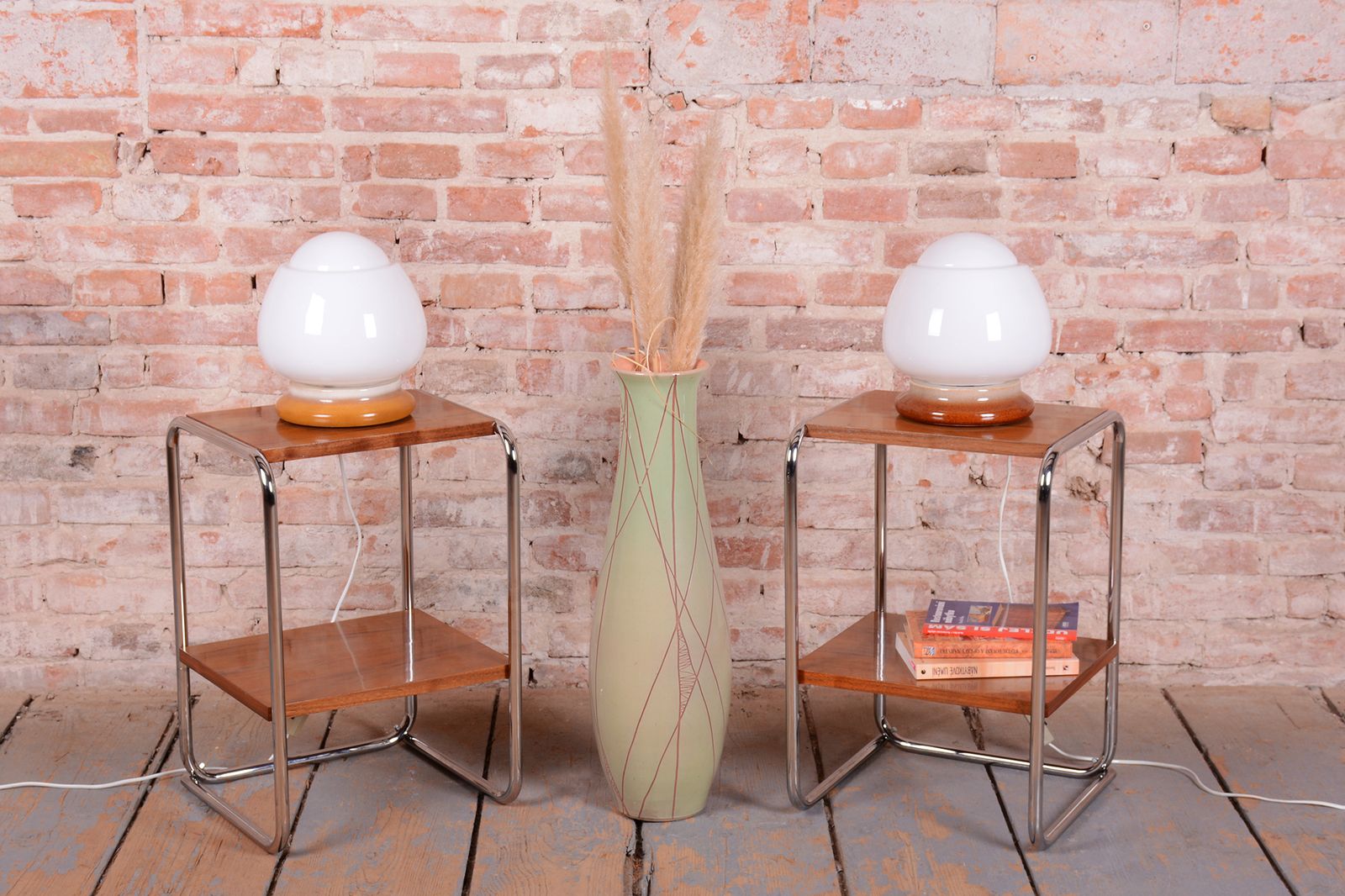 photo vinterior Pair Of Restored Mid Century Table Lamps, Ceramics, Opal Glass, Czech, 1950s