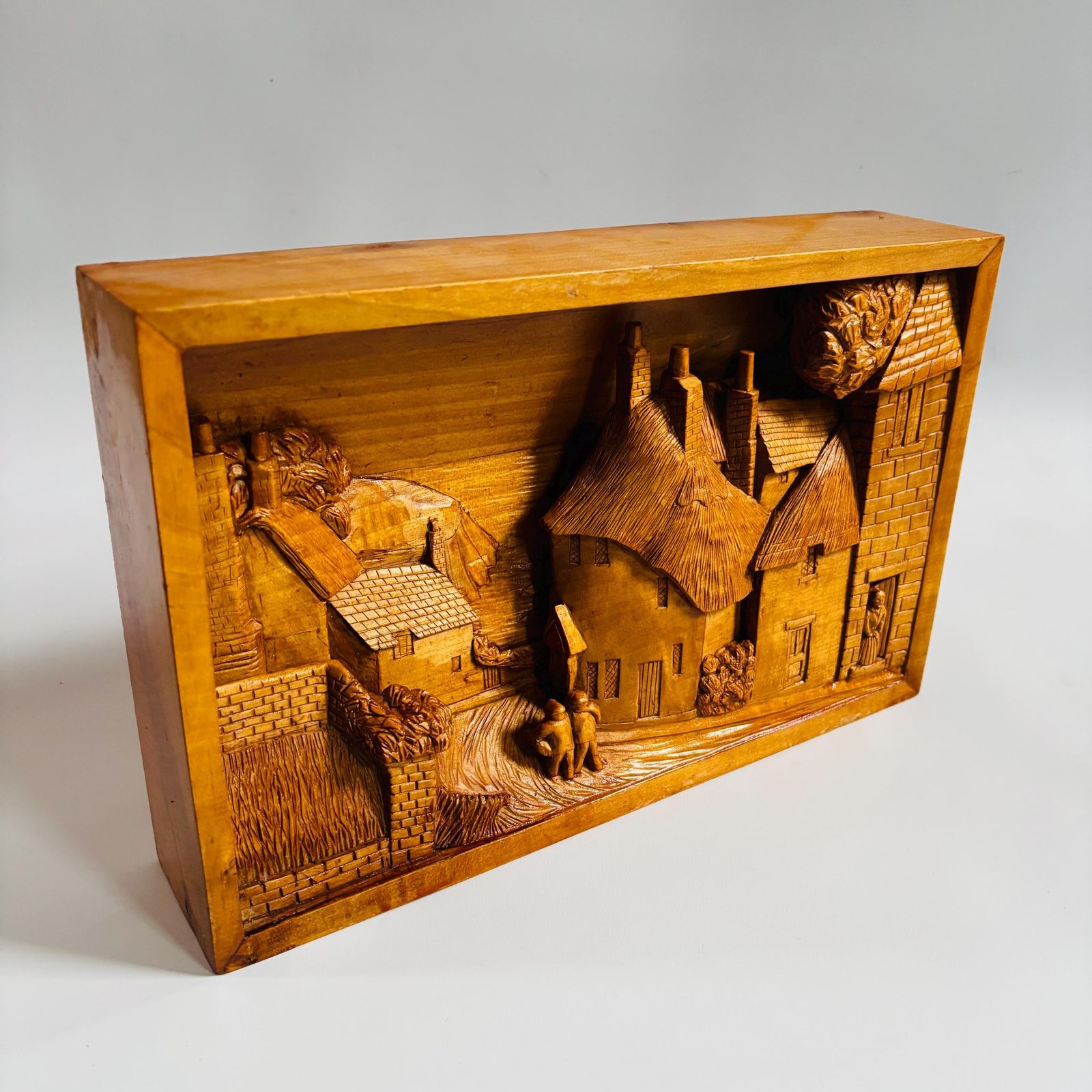 Antique Hand Carved Cherry Wood Village Relief: Medieval Folk Art photo furniture