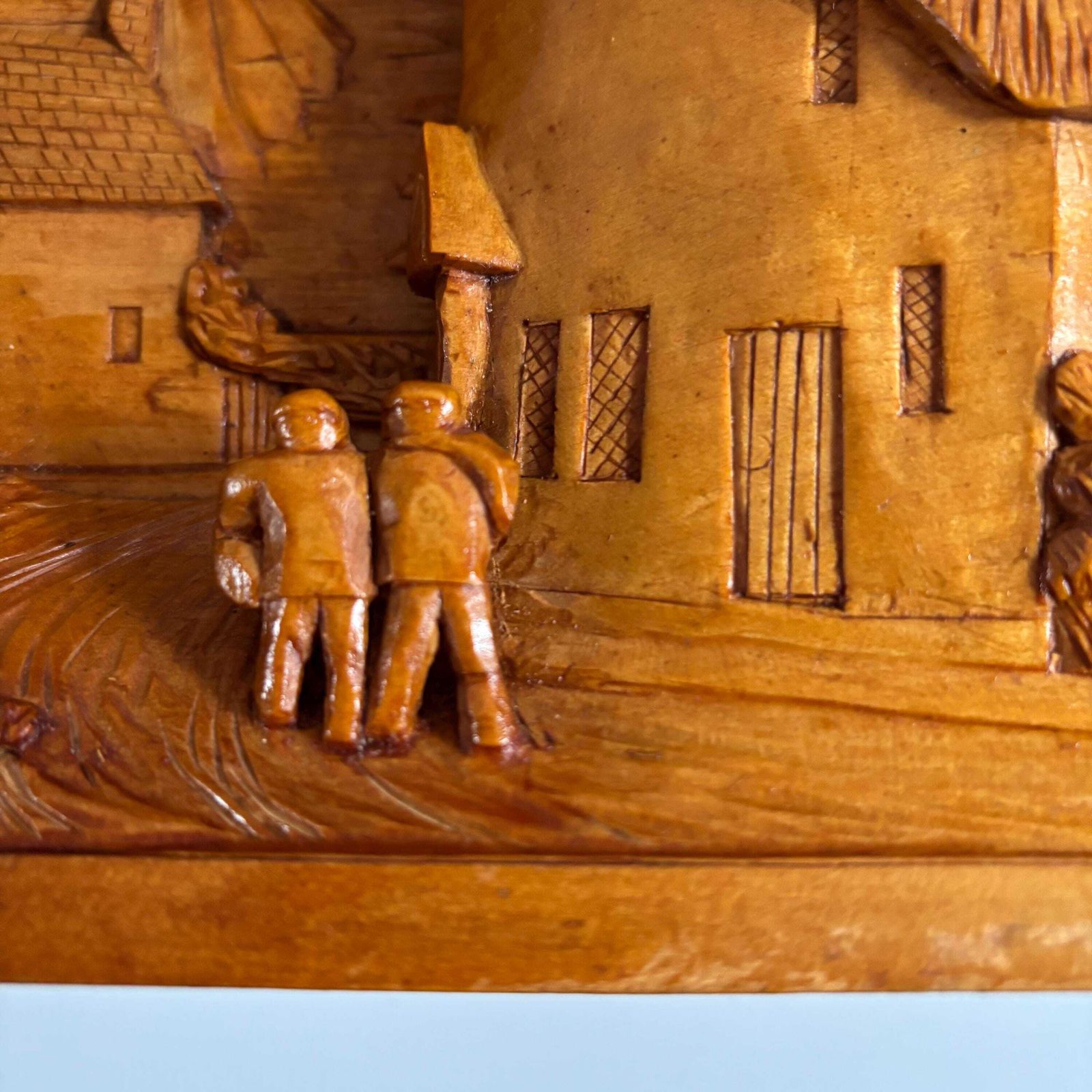 Antique Hand Carved Cherry Wood Village Relief: Medieval Folk Art photo vinterior