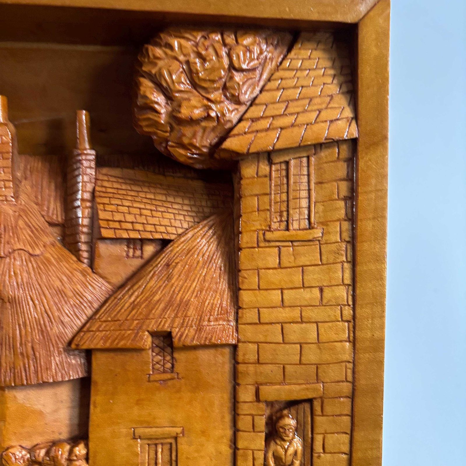 photo furniture Antique Hand Carved Cherry Wood Village Relief: Medieval Folk Art
