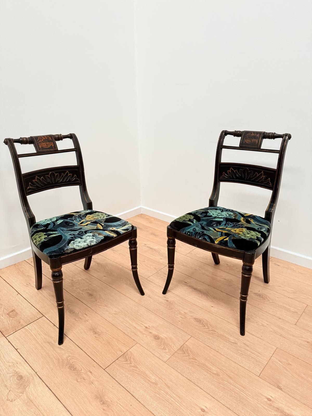 Exquisite 19th Century Pair Regency Ebonized & Gilt Hand Painted Side Chairs 0169. photo Furniture