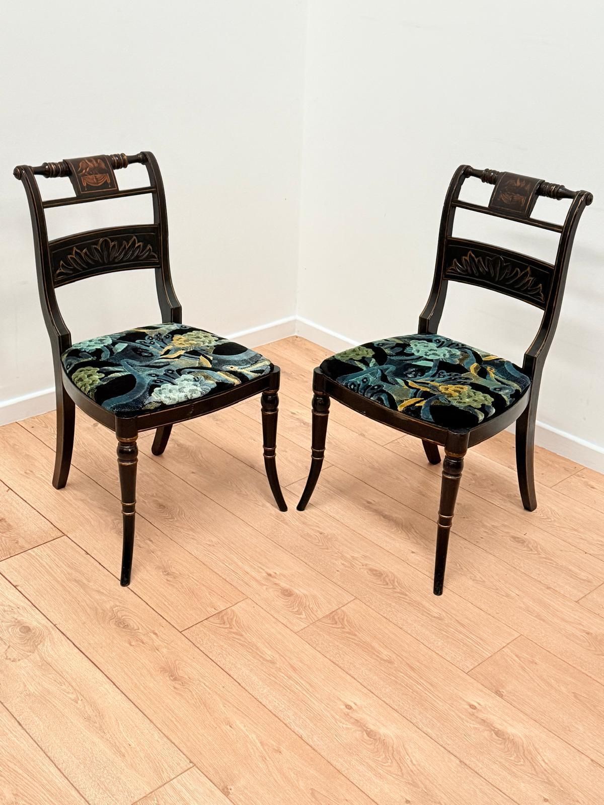 Exquisite 19th Century Pair Regency Ebonized & Gilt Hand Painted Side Chairs 0169. photo buy