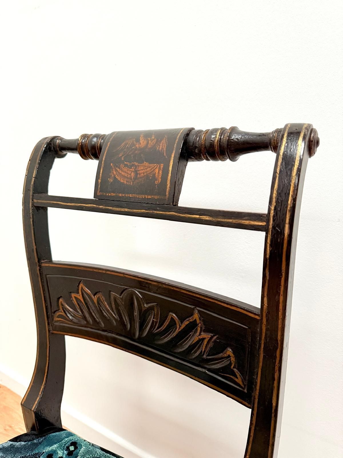 photo for sale Exquisite 19th Century Pair Regency Ebonized & Gilt Hand Painted Side Chairs 0169.