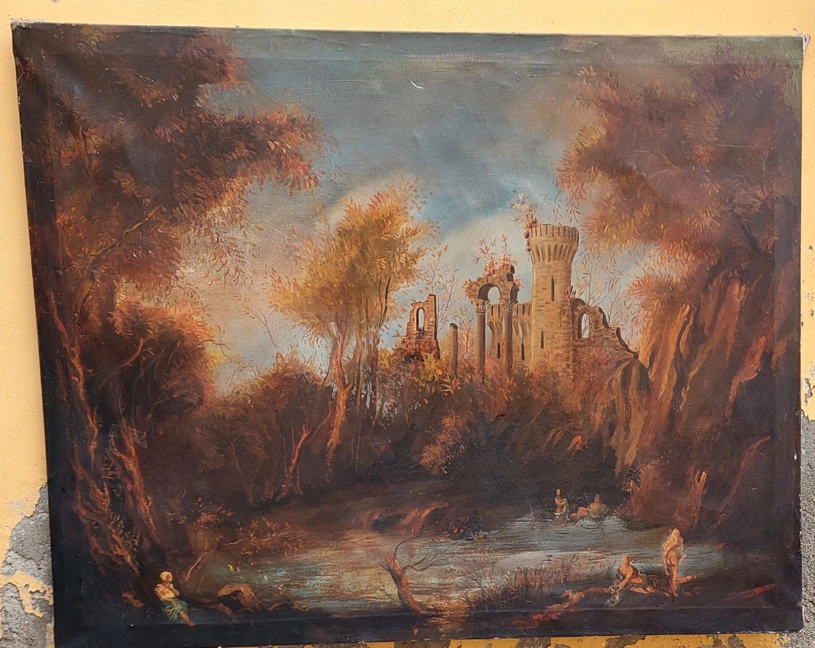 Antico Dipinto Olio Tela  Paesaggio Con Ruderi E Personaggi 121x98  Cm photo vinterior