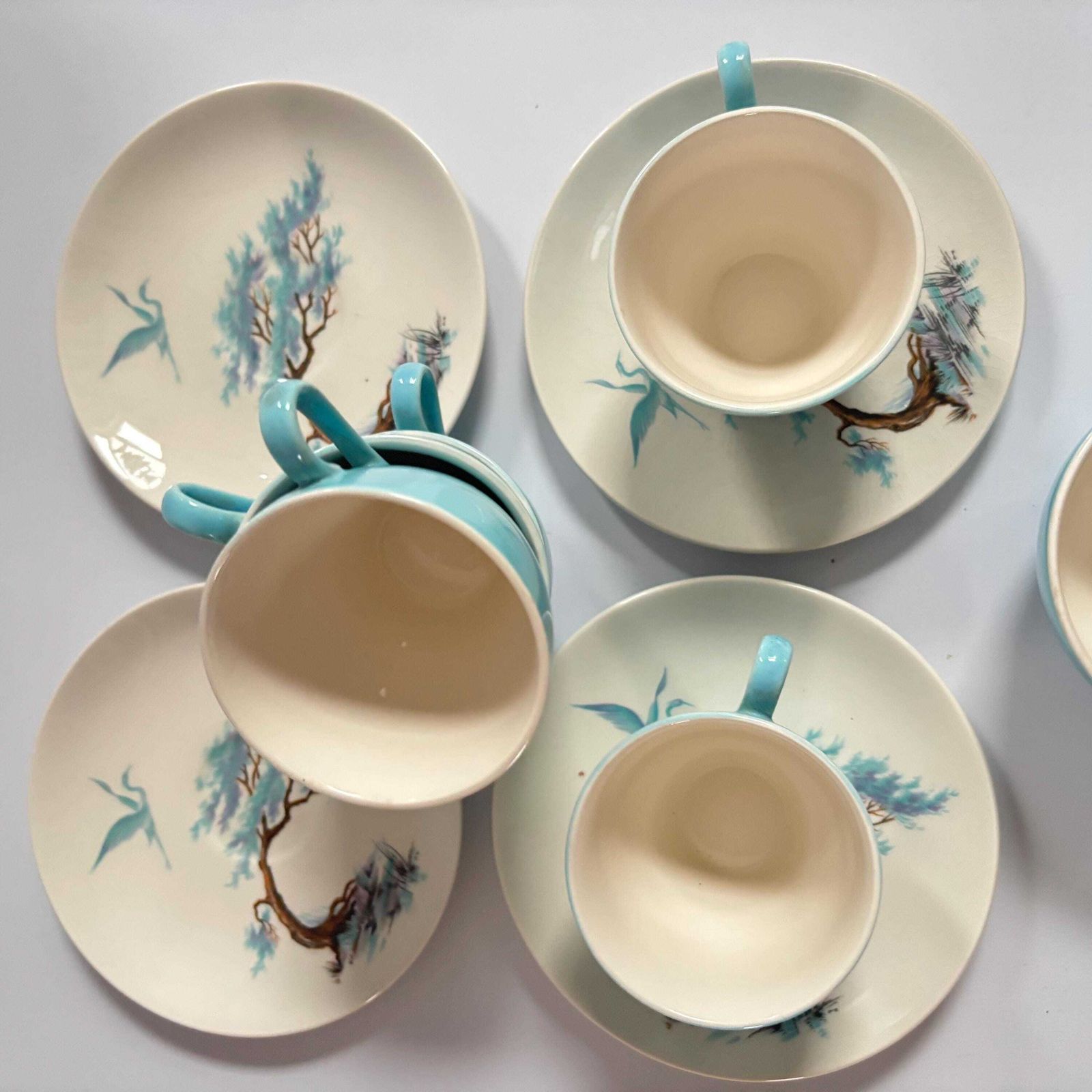Vintage J&G Meakin Tea Cup Set: Crane And Blossom Design, Blue Heritage Pottery. photo Home Decor