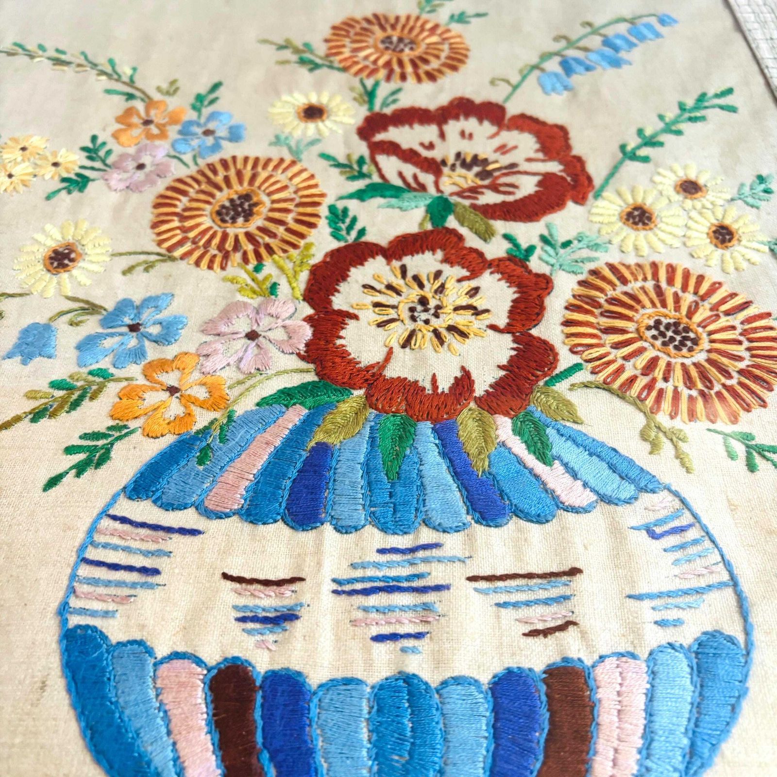 1950s Floral Hand Embroidery: Mid Century Linen Art In Metal Frame. photo for sale