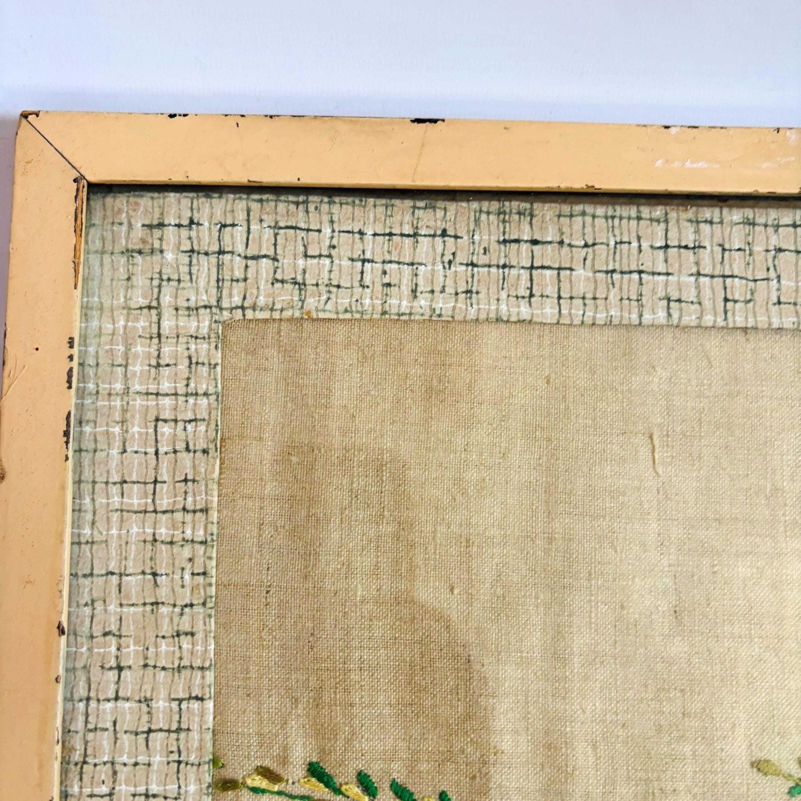 1950s Floral Hand Embroidery: Mid Century Linen Art In Metal Frame. photo Art