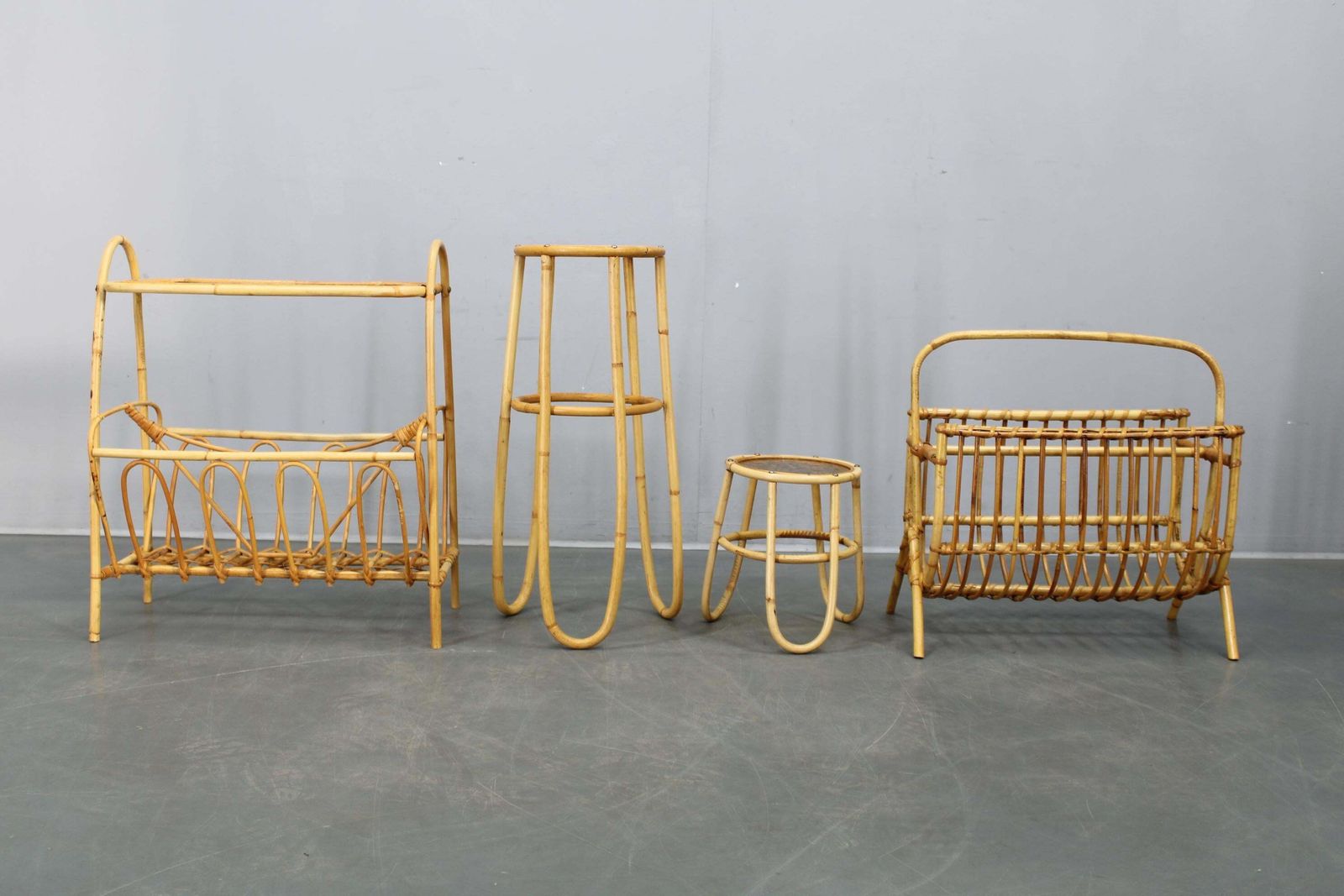 Mid Century European Rattan Accessories Set With Tables And Magazine Racks 1960s photo Home Decor