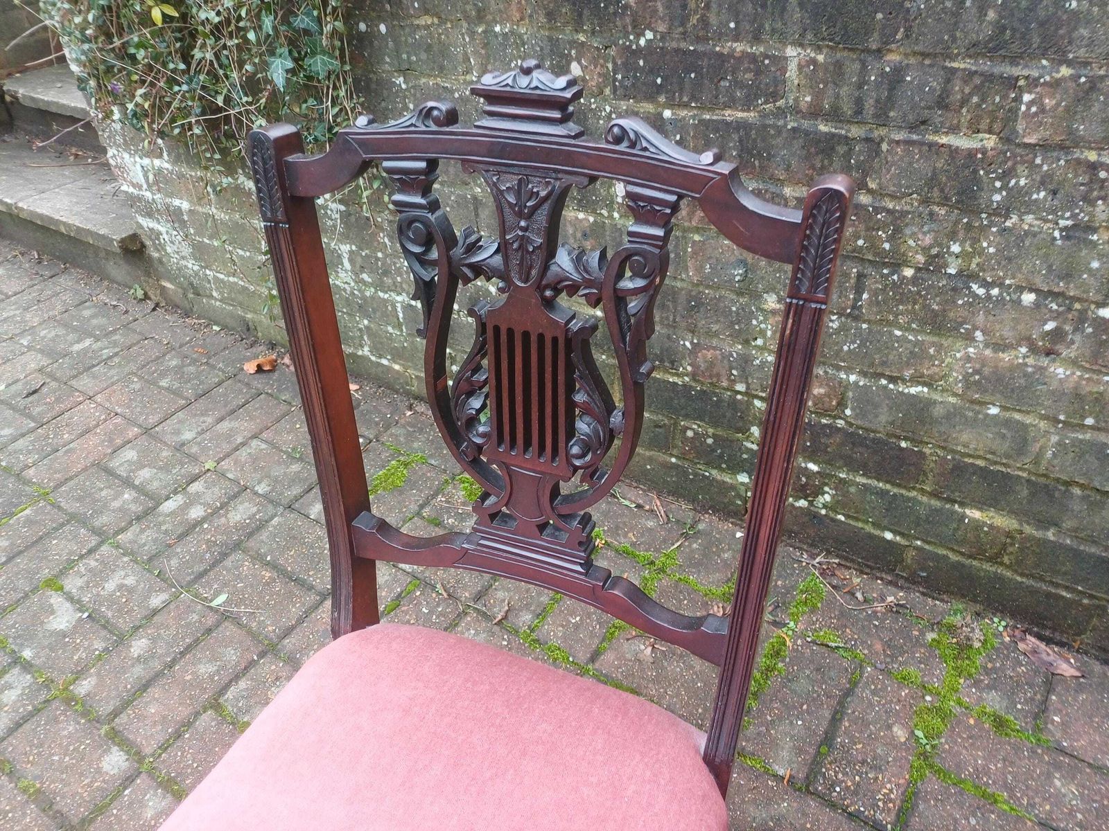 Pair Victorian Mahogany Occasional Chairs Ebonised Finish Carved Fretwork Backs Turned Legs Porcelain Castors Pink Seats photo Furniture