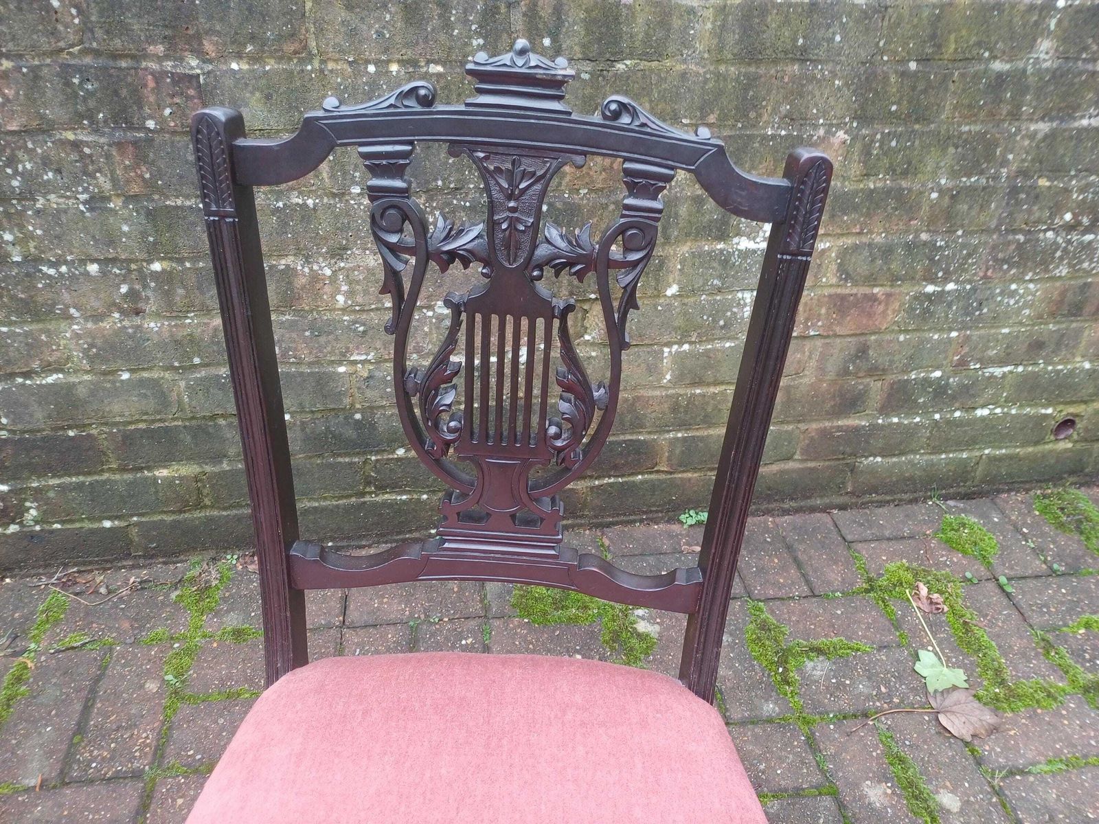 photo for sale Pair Victorian Mahogany Occasional Chairs Ebonised Finish Carved Fretwork Backs Turned Legs Porcelain Castors Pink Seats