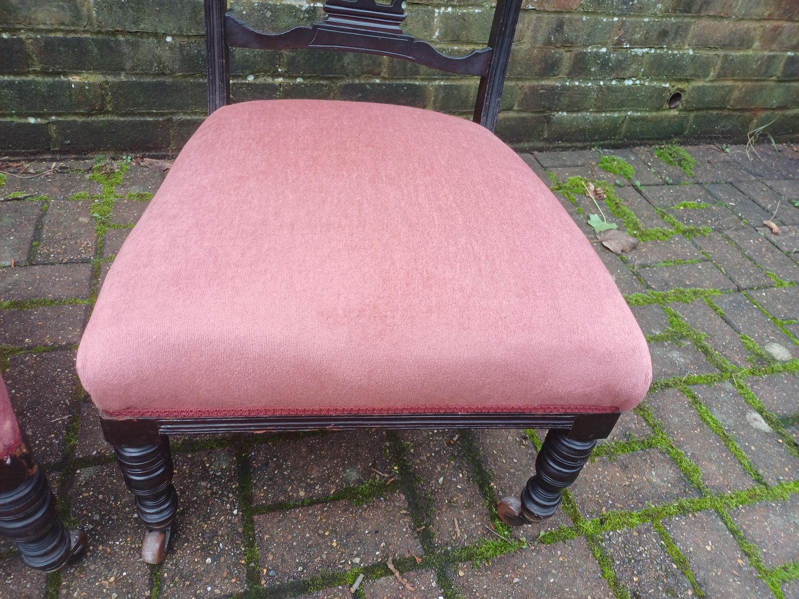 Furniture Pair Victorian Mahogany Occasional Chairs Ebonised Finish Carved Fretwork Backs Turned Legs Porcelain Castors Pink Seats photo
