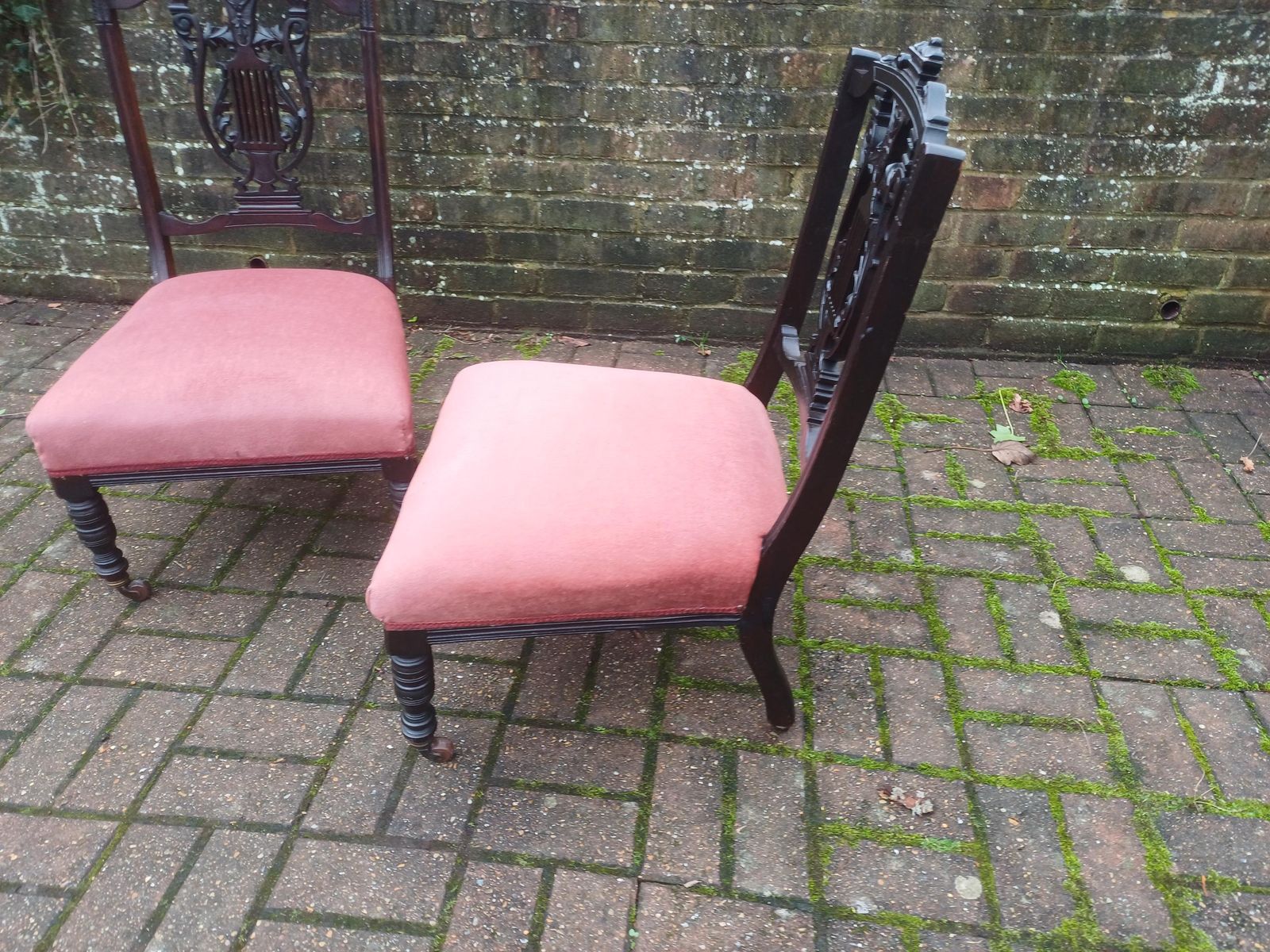 495.0 Pair Victorian Mahogany Occasional Chairs Ebonised Finish Carved Fretwork Backs Turned Legs Porcelain Castors Pink Seats photo