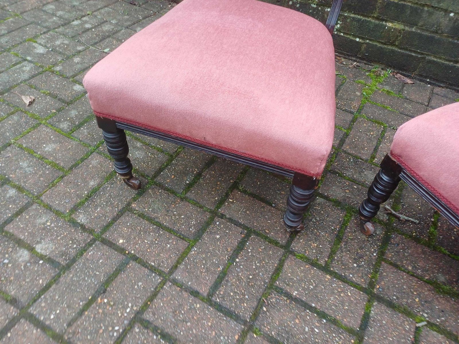 photo vinterior Pair Victorian Mahogany Occasional Chairs Ebonised Finish Carved Fretwork Backs Turned Legs Porcelain Castors Pink Seats