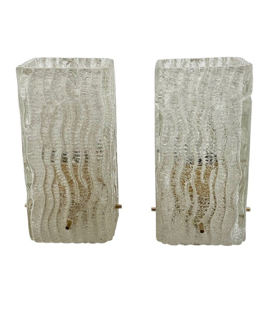 A Pair 1970s "Ice Glass" Murano And Brass Wall Sconces By German Lighting Company Rzb Leuchten. photo for sale