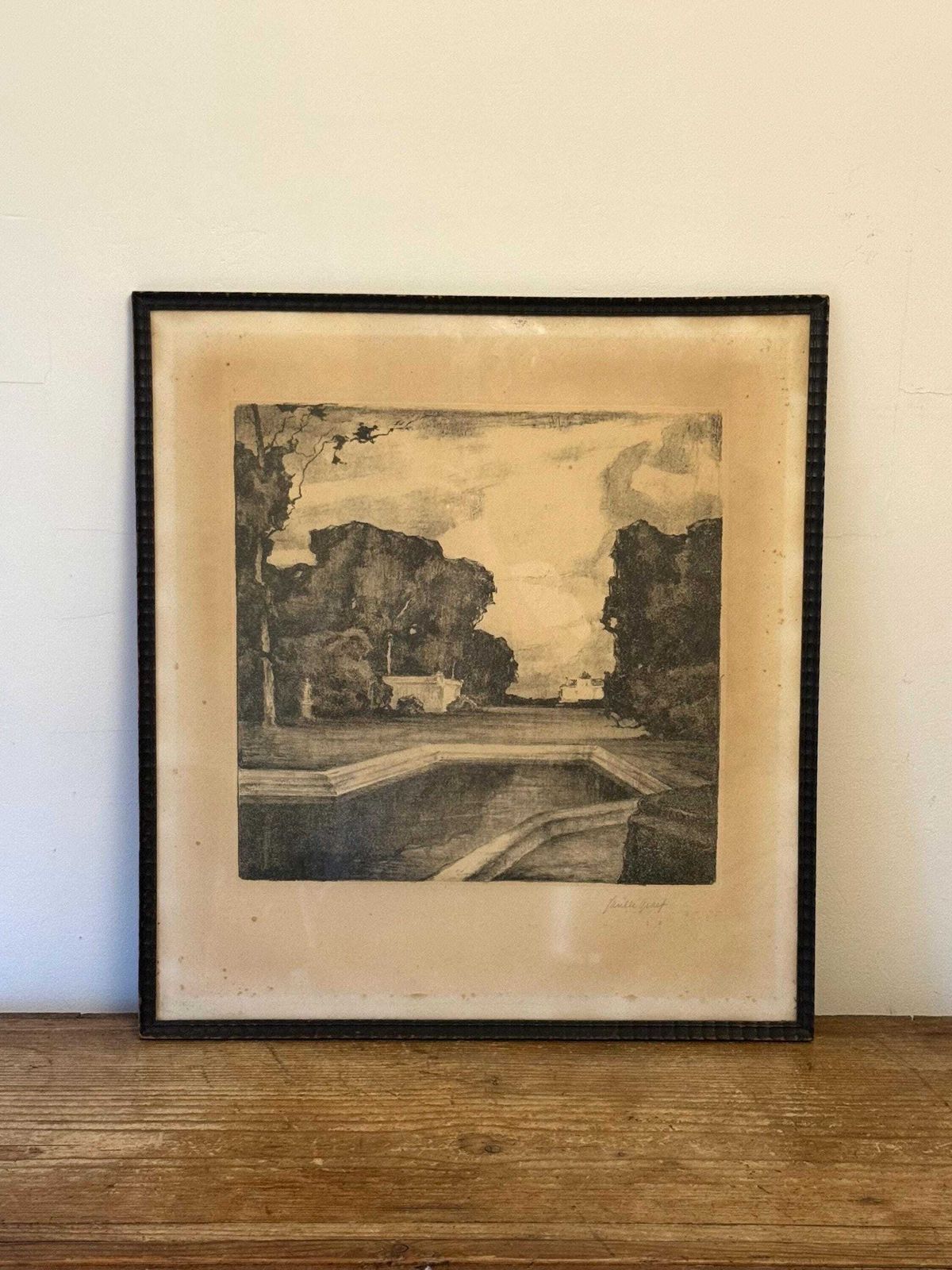 Antique Carved Frame Landscape Sketch