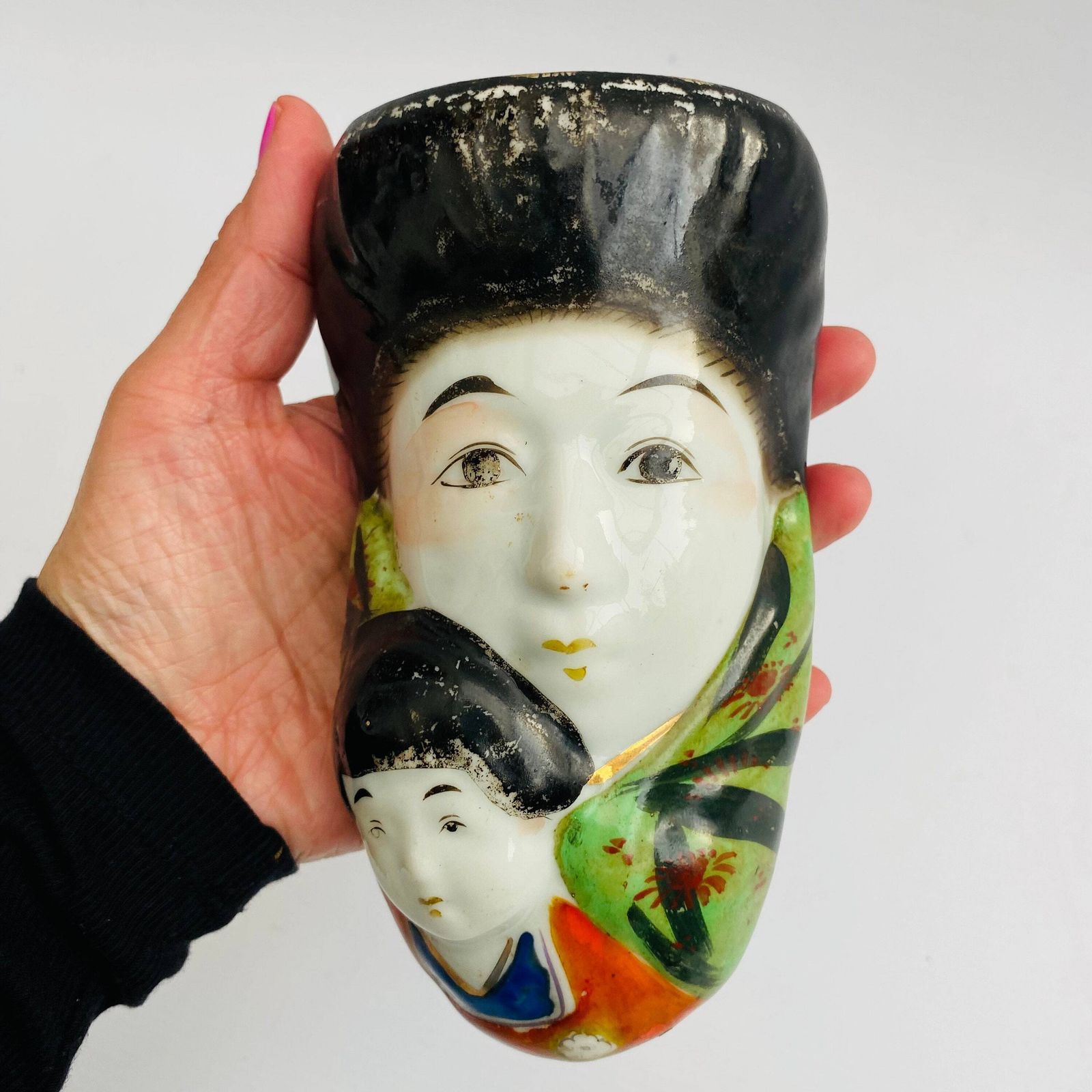Mid Century Japanese Porcelain Wall Vase: Hand Painted Geisha, Parent And Child photo furniture