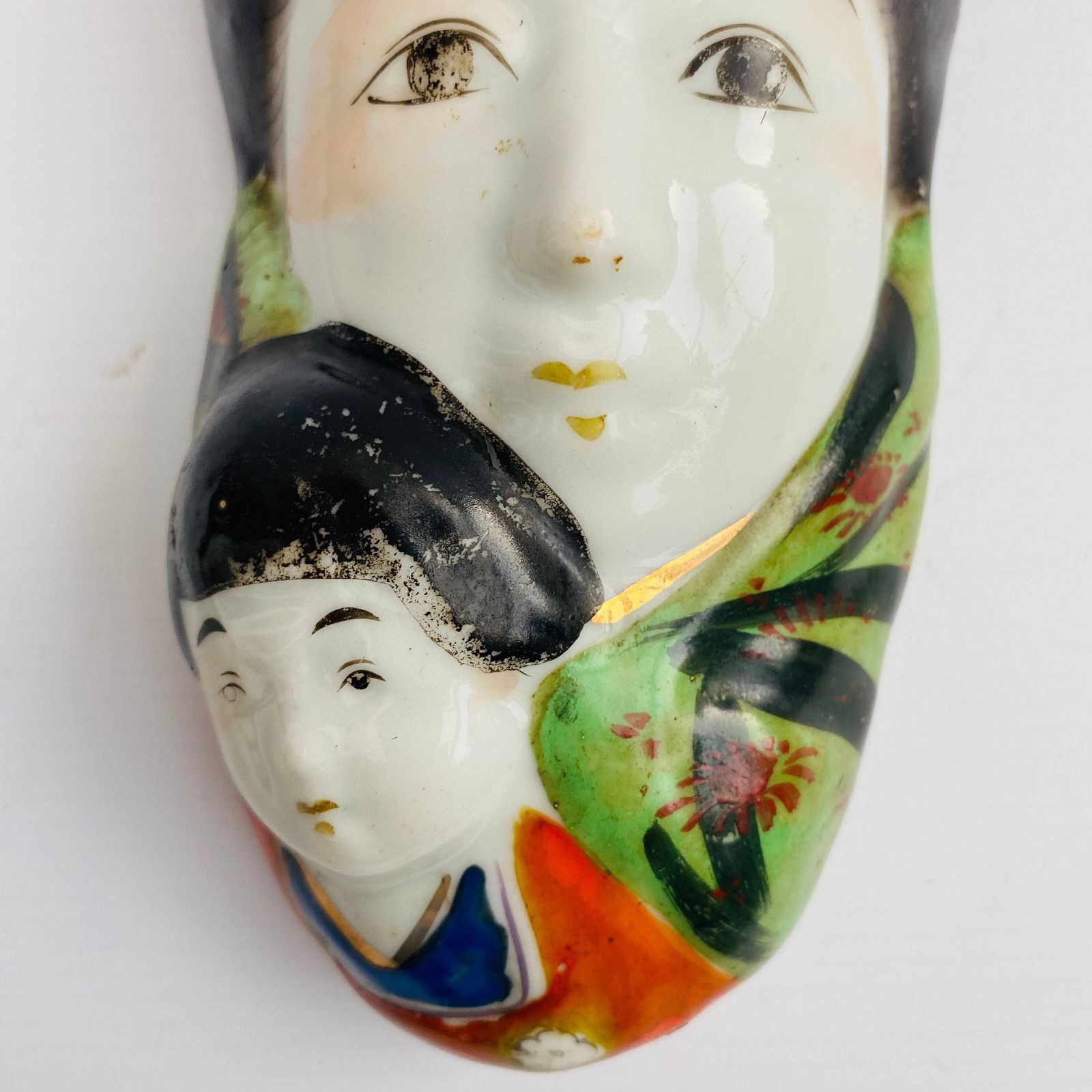 photo for sale Mid Century Japanese Porcelain Wall Vase: Hand Painted Geisha, Parent And Child