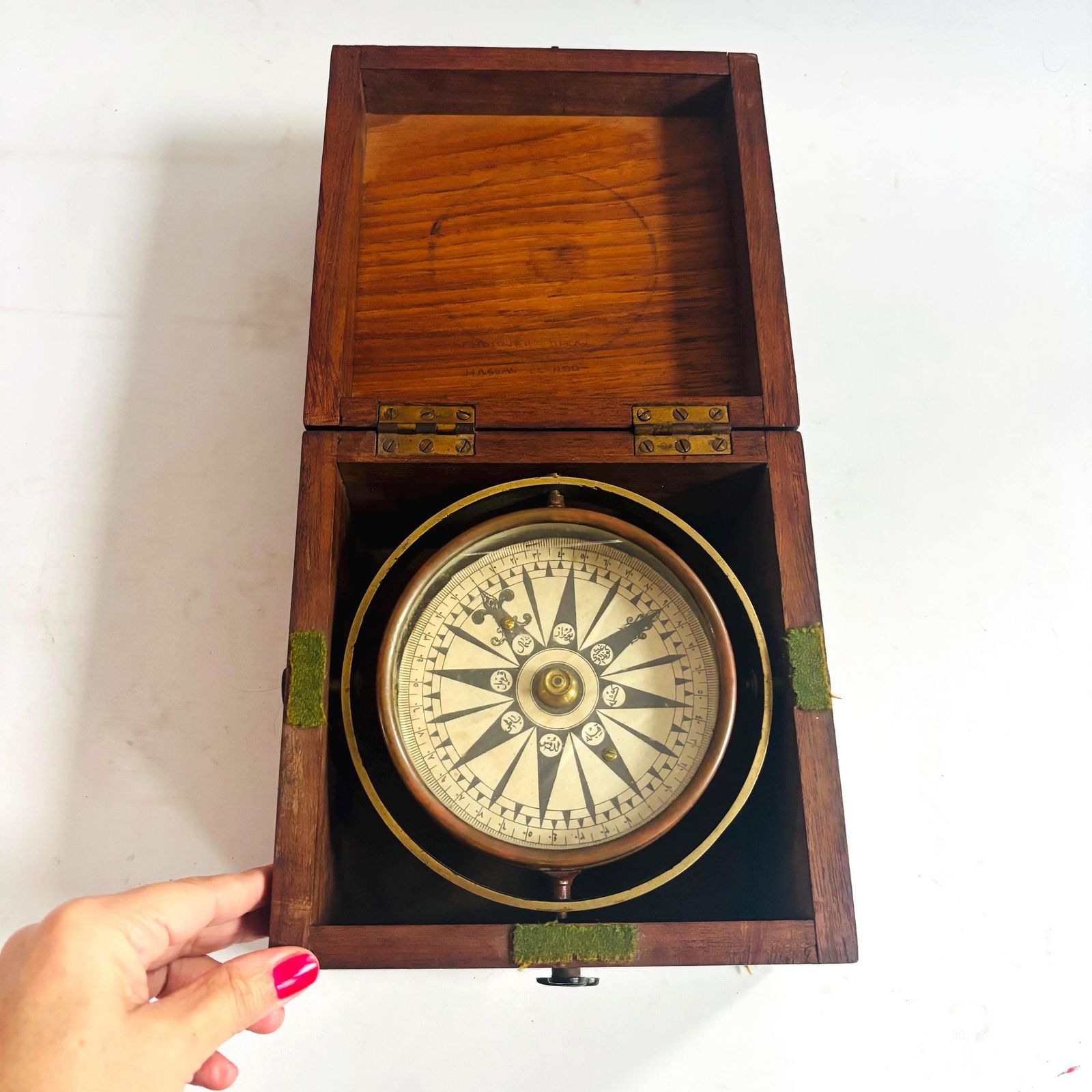 photo for sale Antique Ottoman Qibla Compass | 19th Century Islamic Direction Finder In Oak Case/Glass Crack