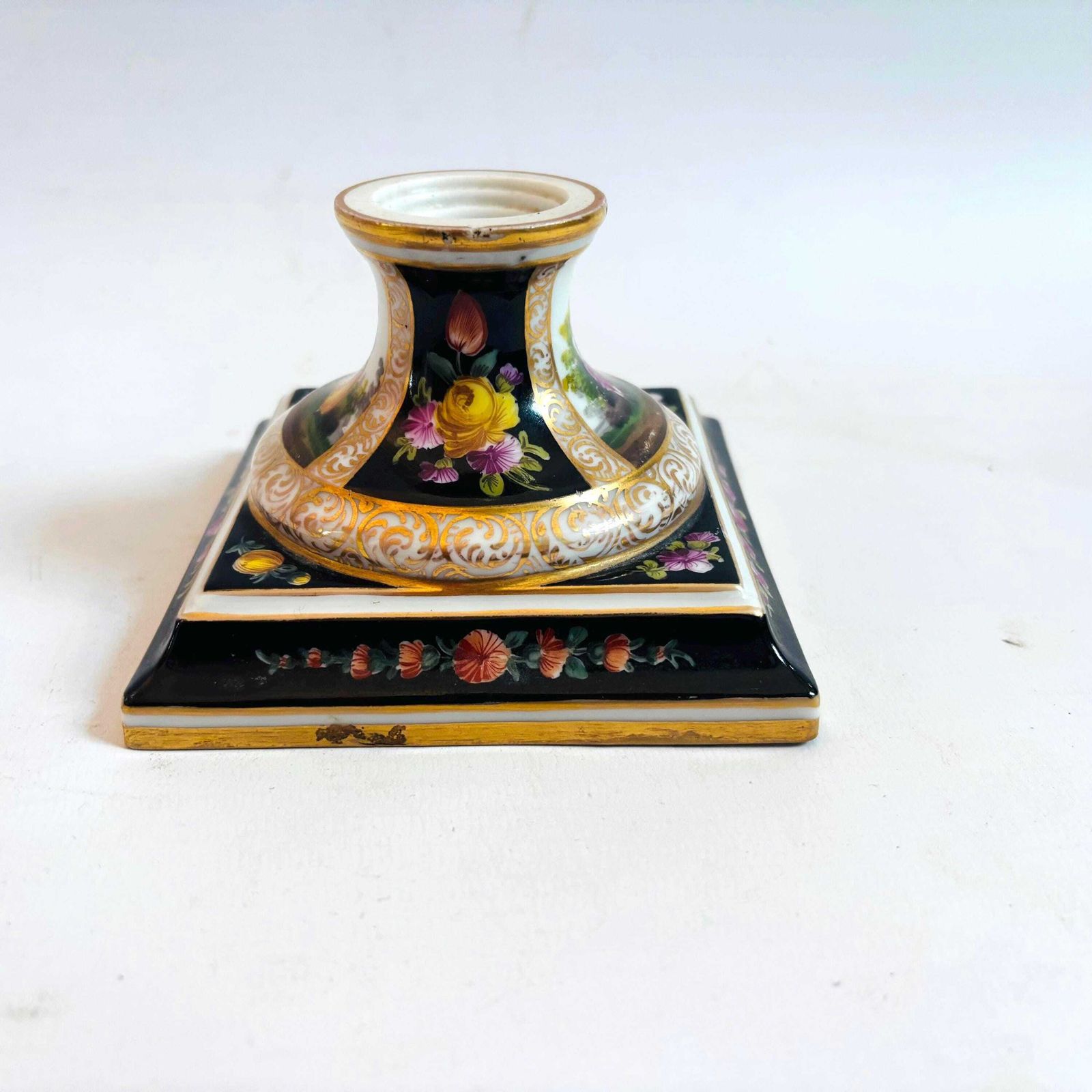photo furniture Antique German Porcelain Candlestick | Hand Painted Musician & Pastoral Scene | Gilt Black Desk Ornament C.1900 Some Wear