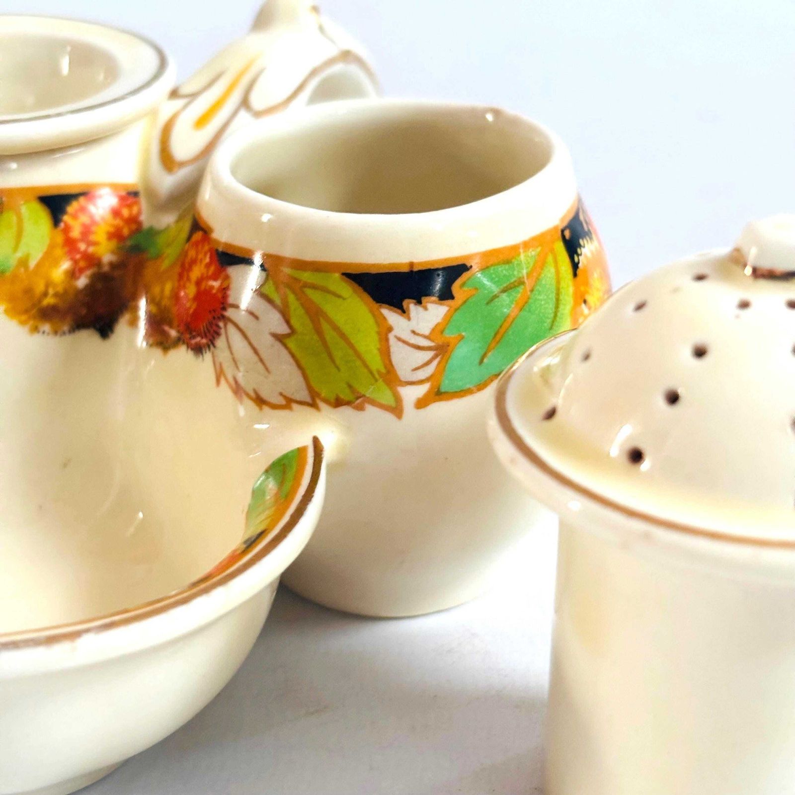 58.0 Collectable 1930s Staffordshire Ceramic Cruet Set Crown Ducal Missing Lid Harvest Autumn photo