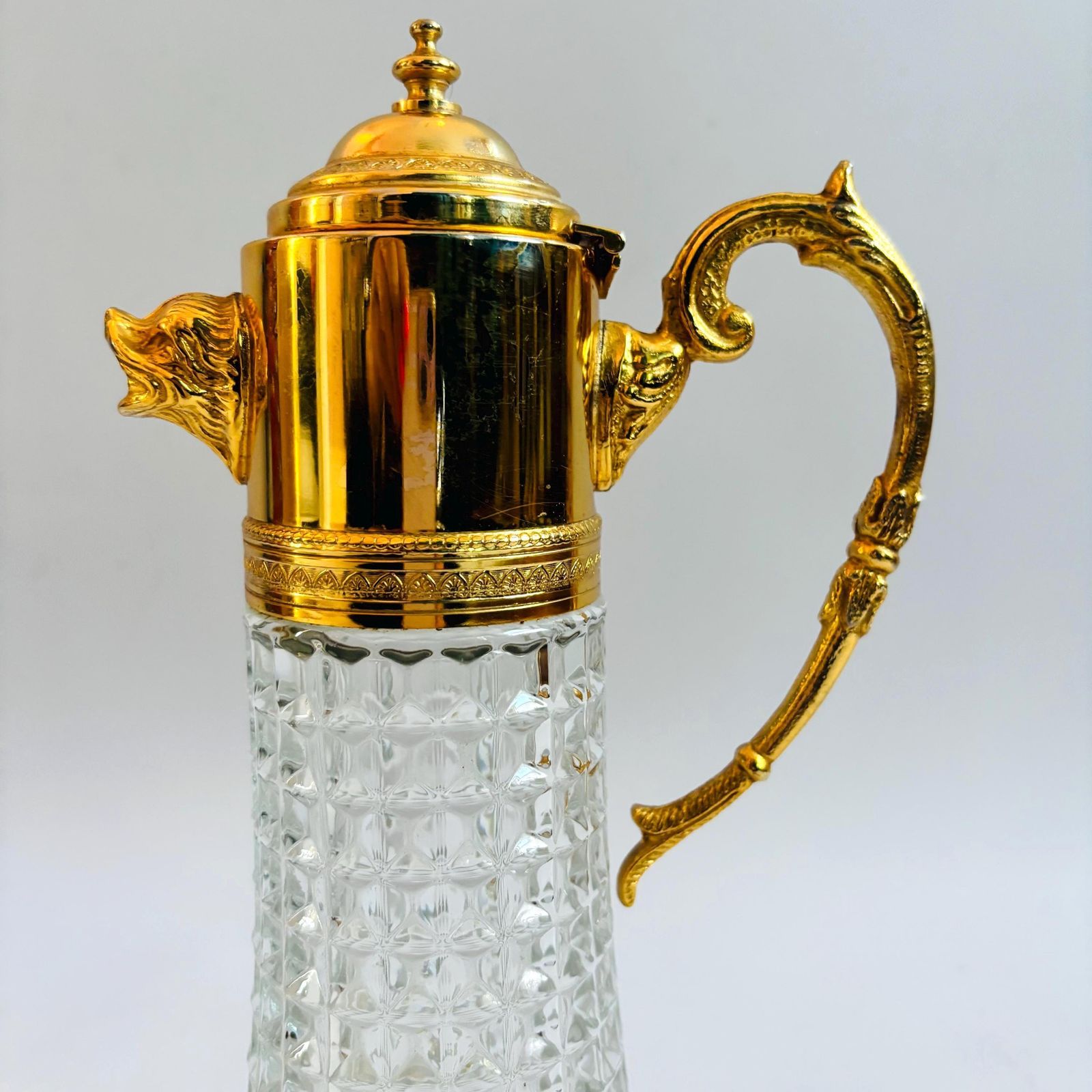Vintage Italian Cut Crystal Claret Jug: Gilt Dolphin Head, 1940s Barware photo furniture