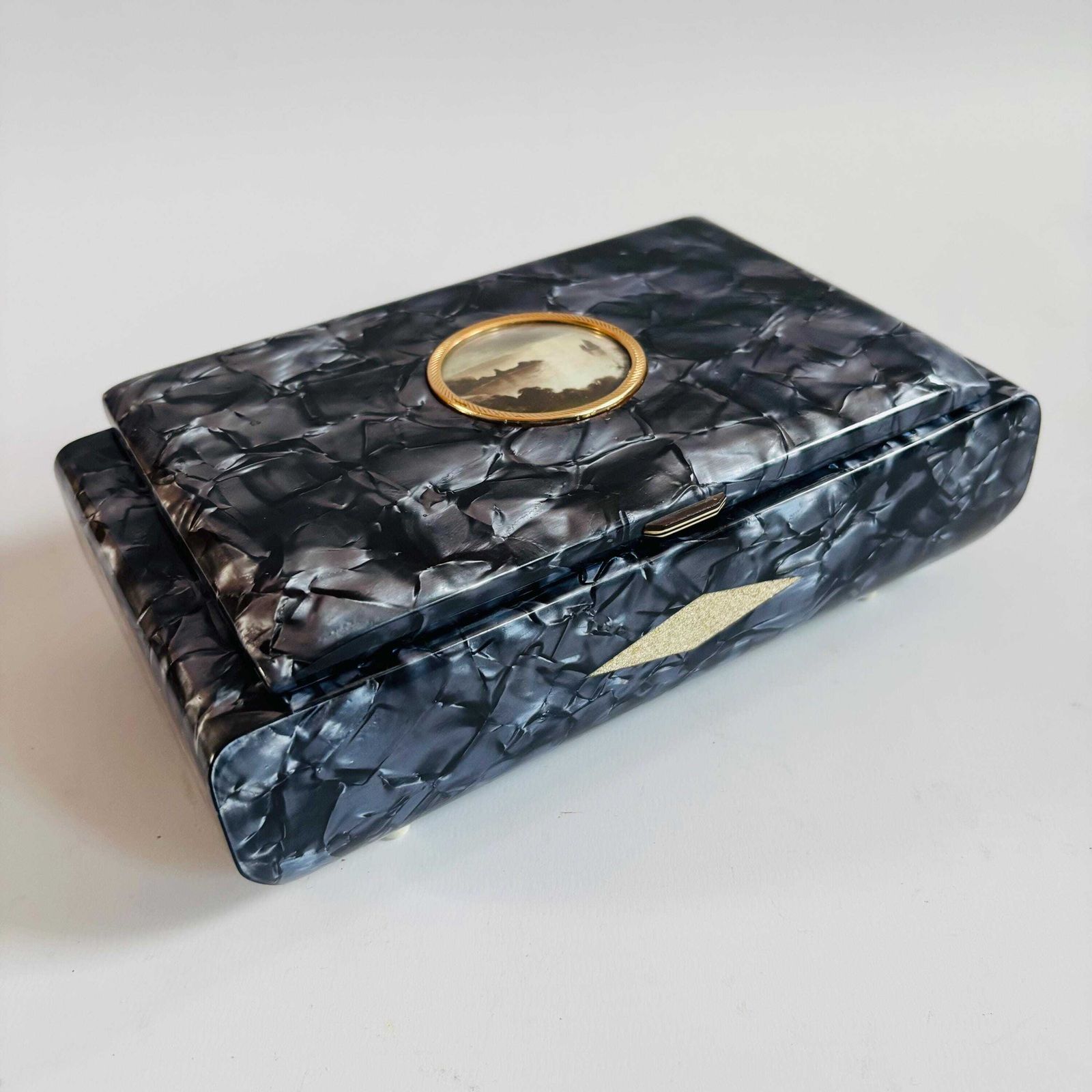 Vintage Swiss Music Box: Blue Marble Bakelite Jewelry Box, 1950s photo buy