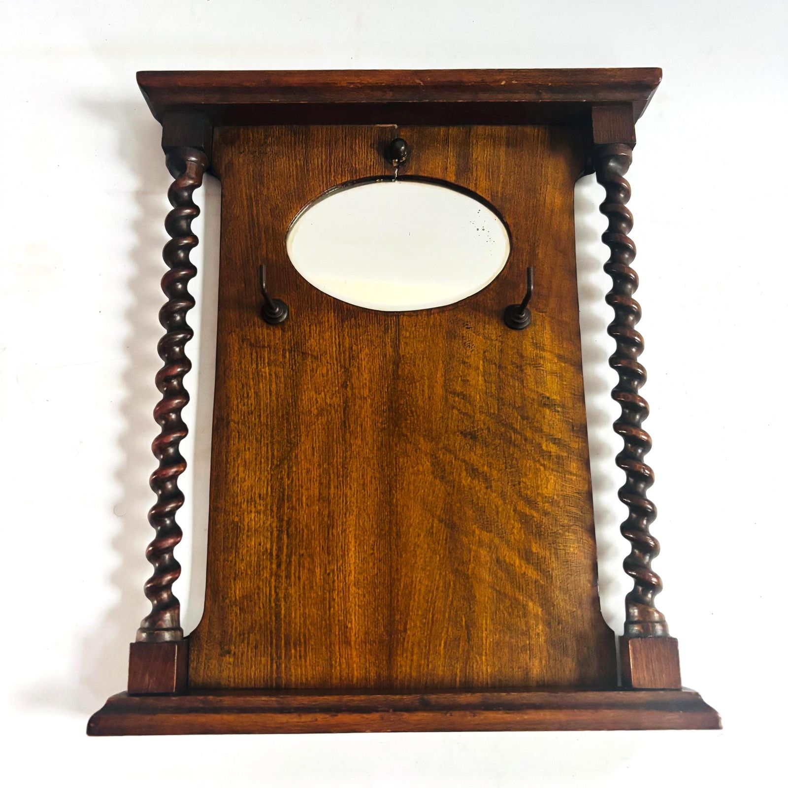Antique Edwardian Twisted Mahogany Entrance Hall Mirror: Beveled Round Mirror & Key Hooks