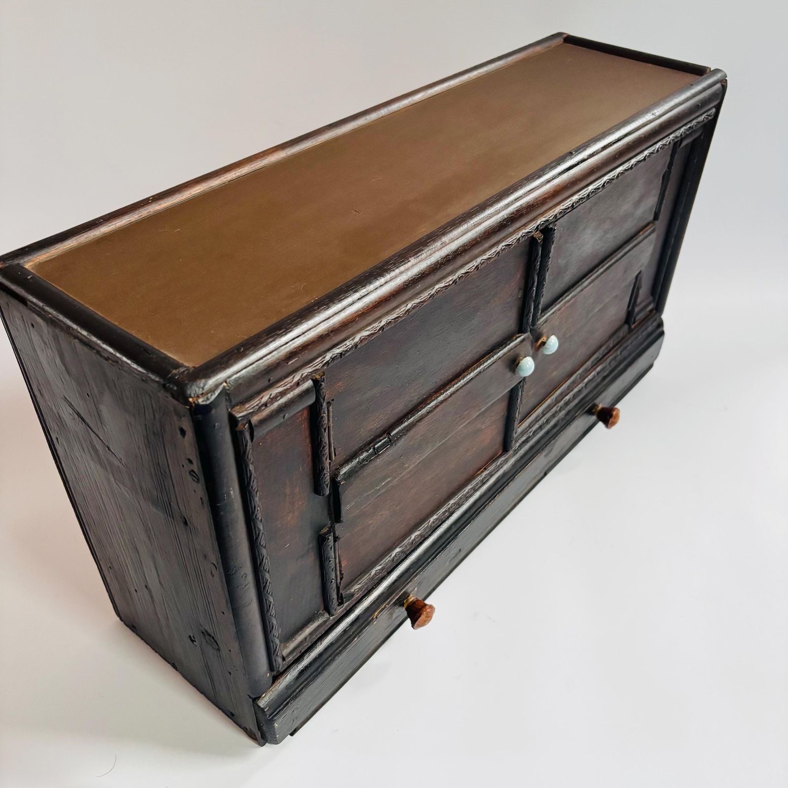 Antique Elm Apothecary Cabinet: Rustic Tabletop Display Cupboard