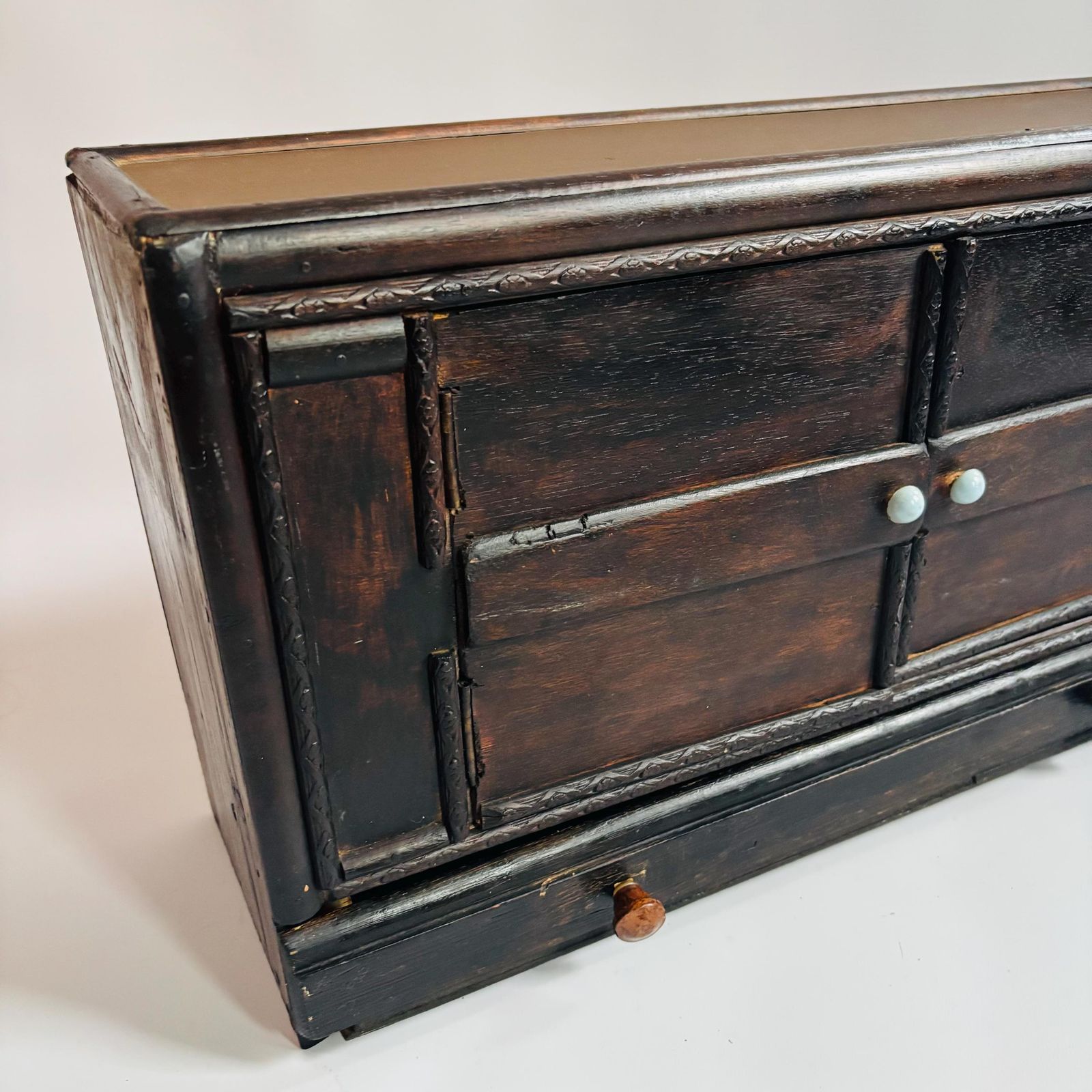 Antique Elm Apothecary Cabinet: Rustic Tabletop Display Cupboard photo buy