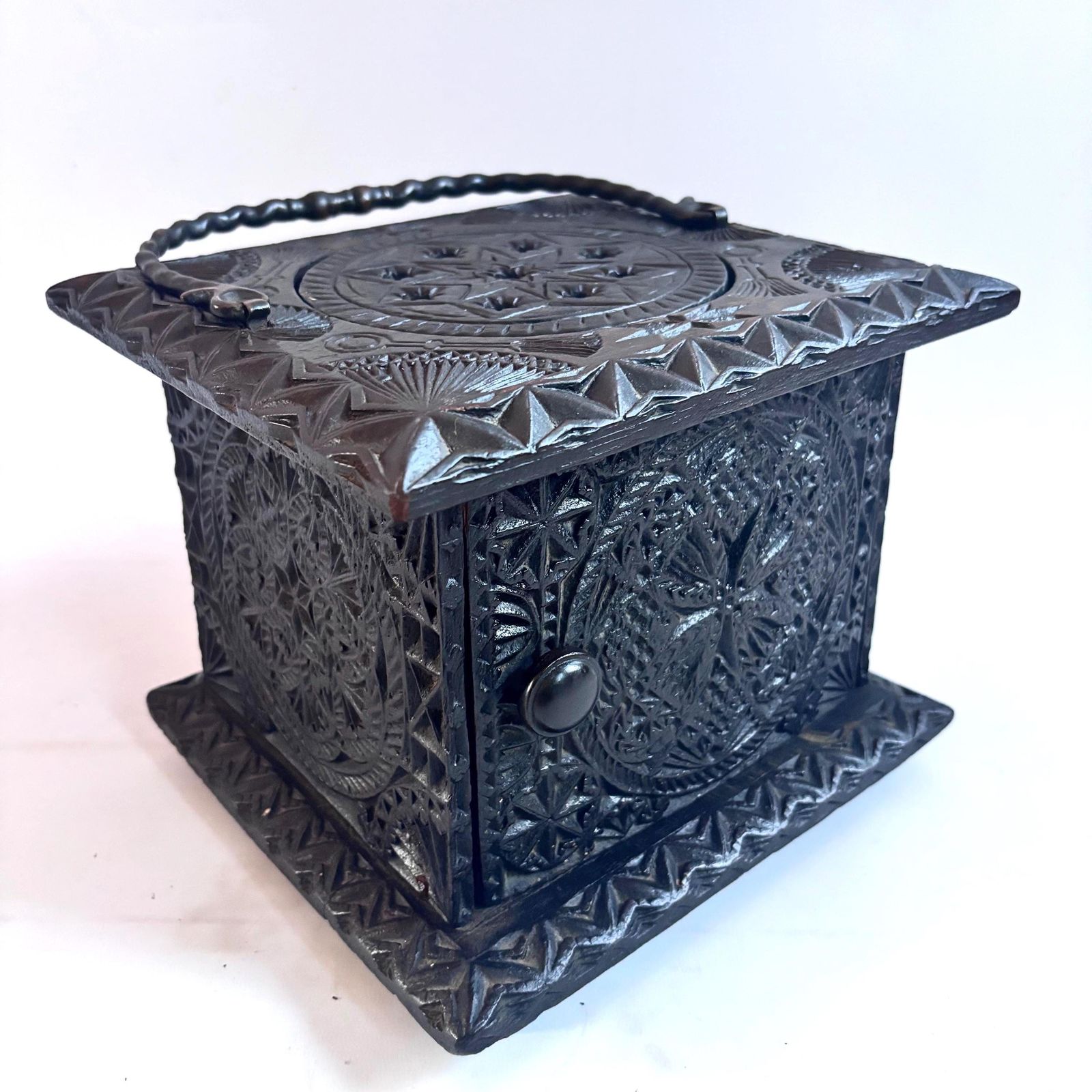 photo for sale Antique Elm Foot Warmer, Georgian Hand Carved Folk Art Box, 1780s Gothcore