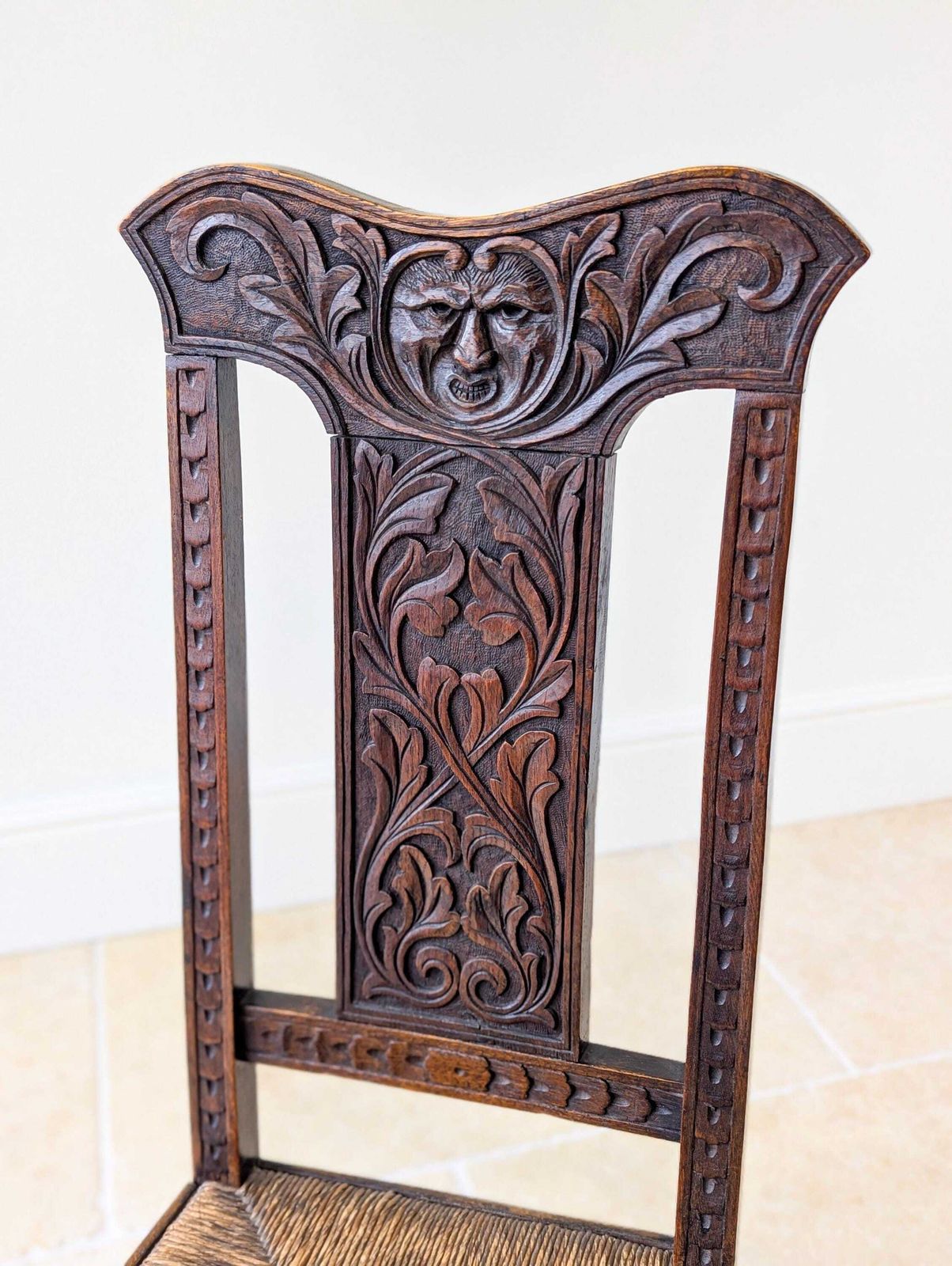 Antique Victorian Carved Oak Green Man Side Chair C.1890 photo for sale