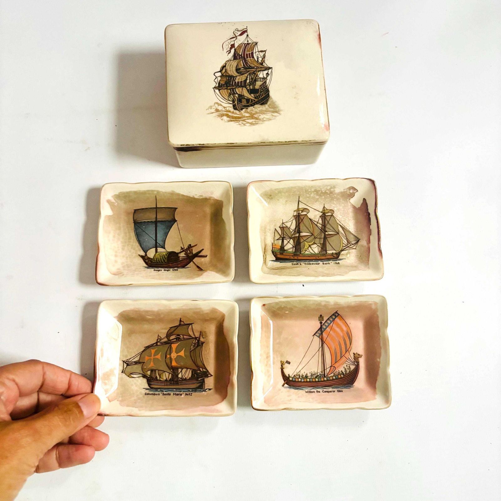 Vintage Sandland Ware Ships Pin Tray Set: Staffordshire Pottery Trinket Dishes