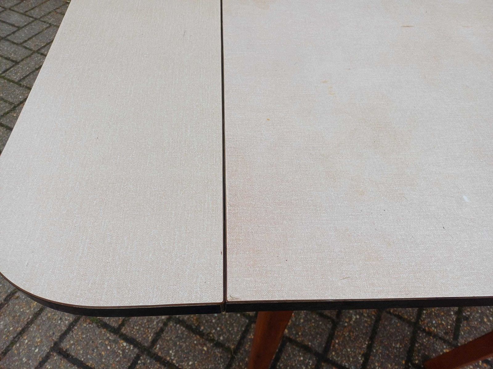 1960s Guildform Formica Kitchen Table With Folding Leaves Danish Oiled Wood Base Vintage Mid Century Dining Table photo for sale