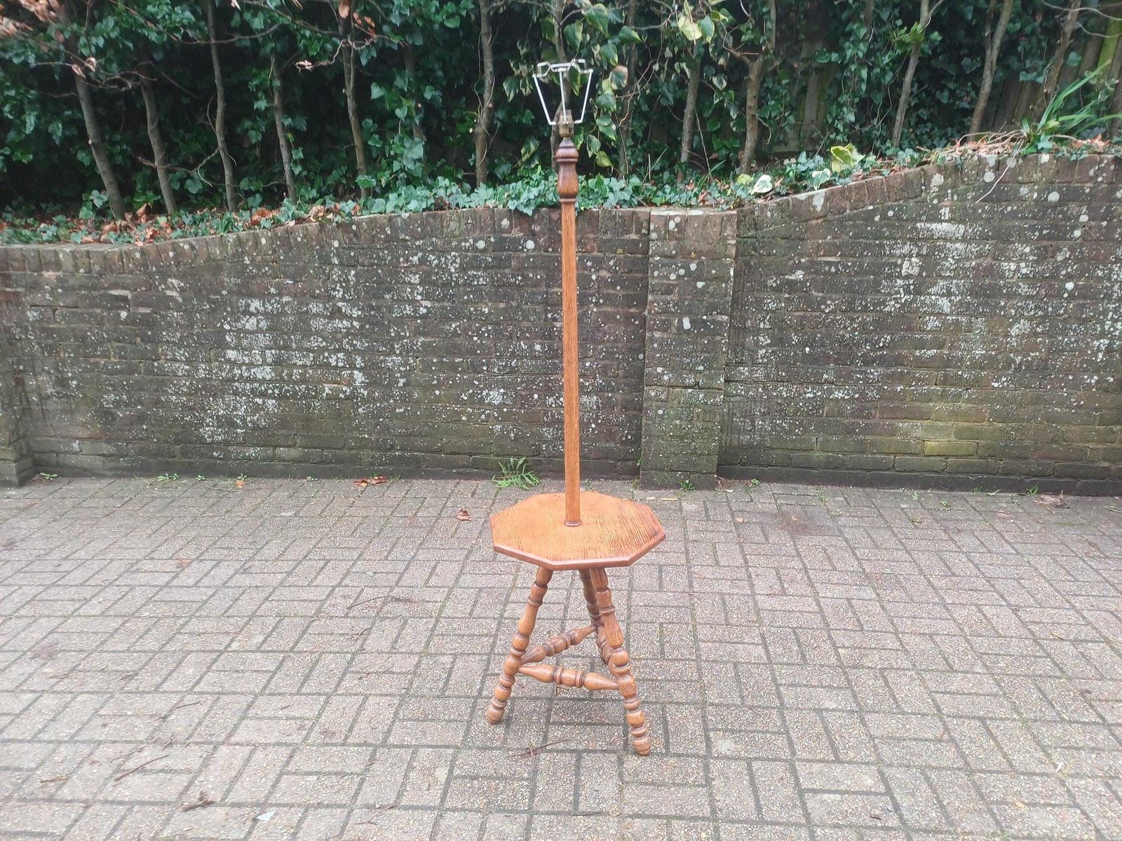 photo for sale Antique Oak Lamp Table Arts And Crafts Floor Lamp Stand Early 20th Century Solid Oak Octagonal Top Turned Legs Side Table