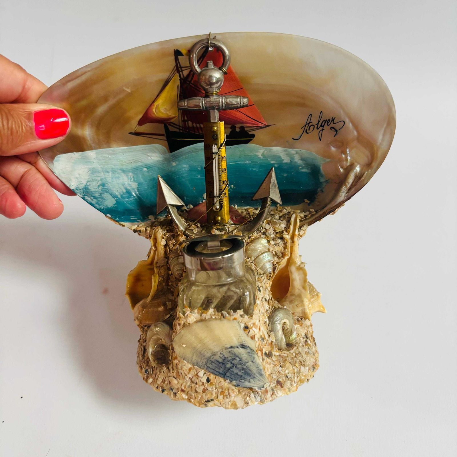 Antique French Seashell Inkwell: Alger Nautical Folk Art, 1920s photo for sale