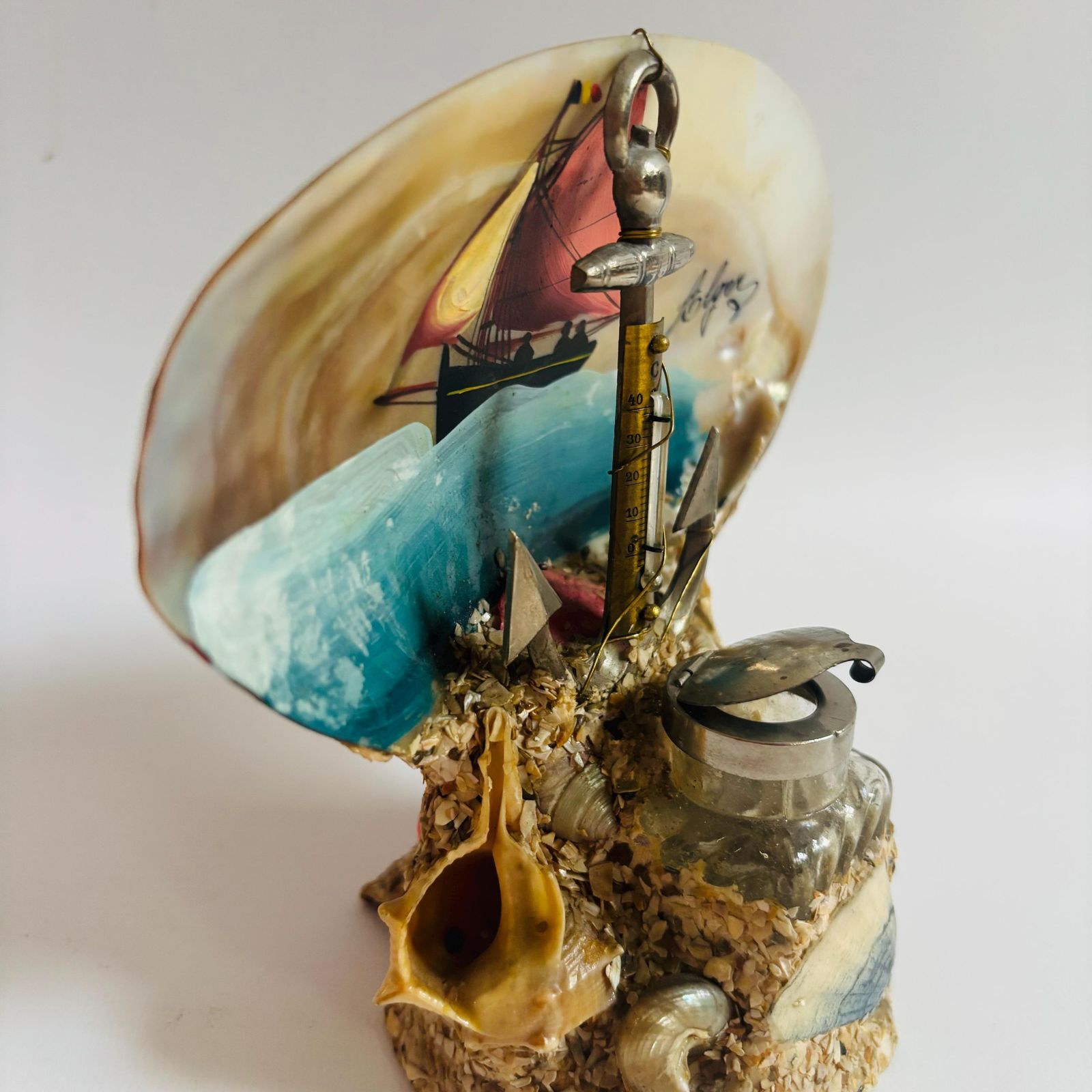 photo furniture Antique French Seashell Inkwell: Alger Nautical Folk Art, 1920s