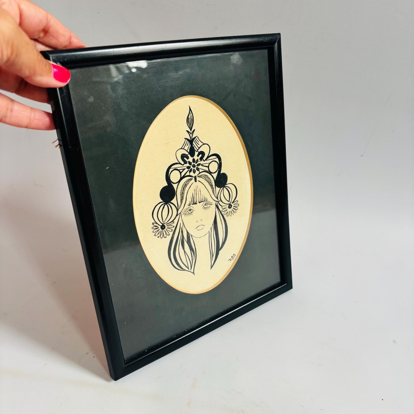 photo furniture 1960s Biba Style Ink Portrait   Mid Century Woman Face Art