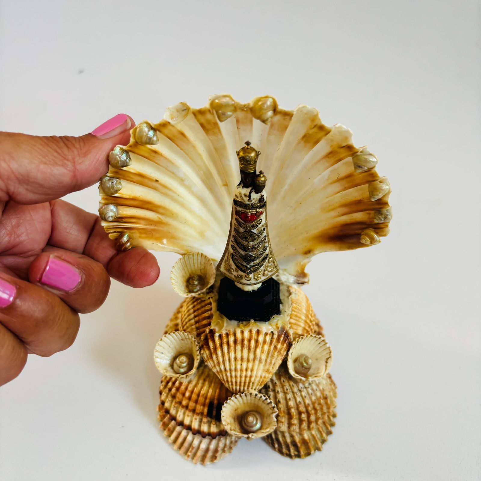 Antique Shell Shrine: Our Lady Of Montserrat, Black Madonna Folk Art photo furniture