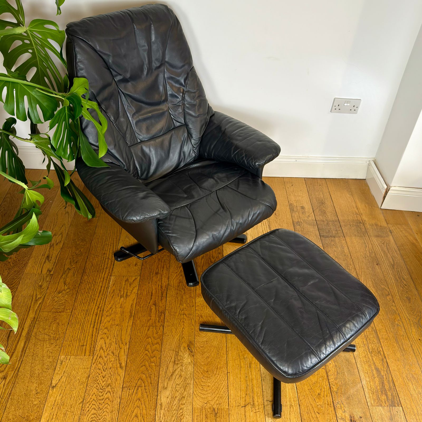 Vintage Scandinavian Leather Recliner Swivel Chair And Footstool