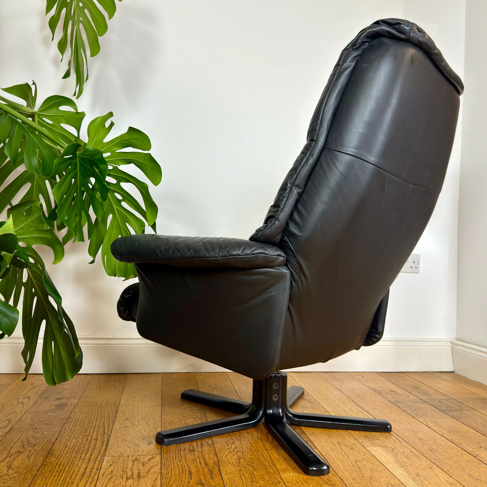 Vintage Scandinavian Leather Recliner Swivel Chair And Footstool photo Furniture