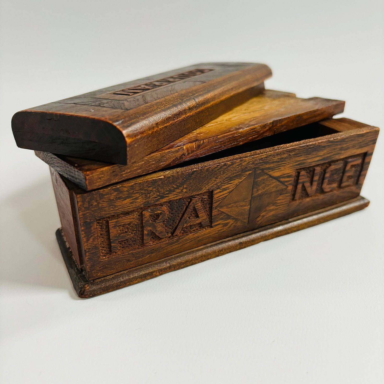 Antique Elm Wood Keepsake Box: 1918 French Tramp Art Folk Carving photo Home Decor