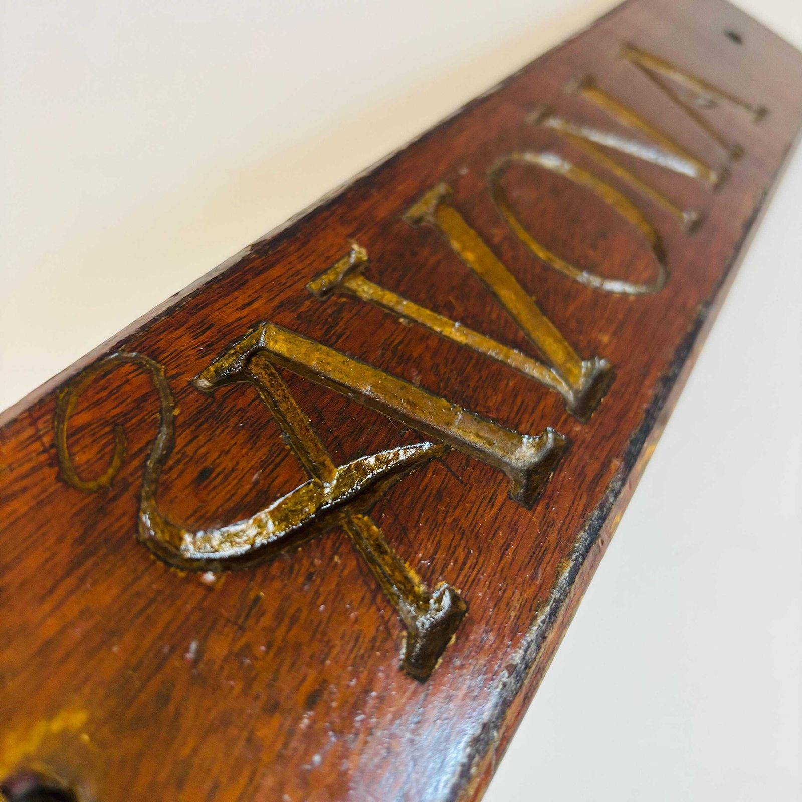 Antique Engraved Wooden Plaque: Gold Gilt "Avona", Rustic Decor