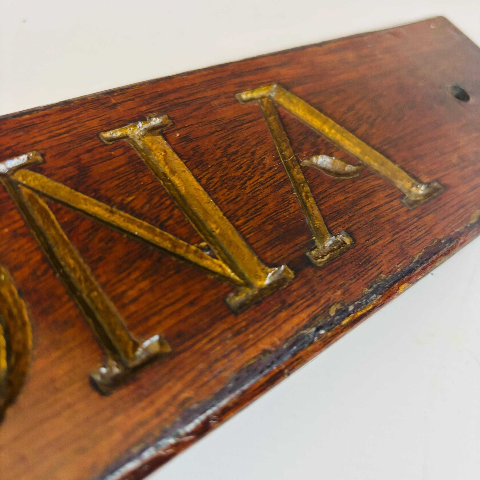 Antique Engraved Wooden Plaque: Gold Gilt "Avona", Rustic Decor photo for sale