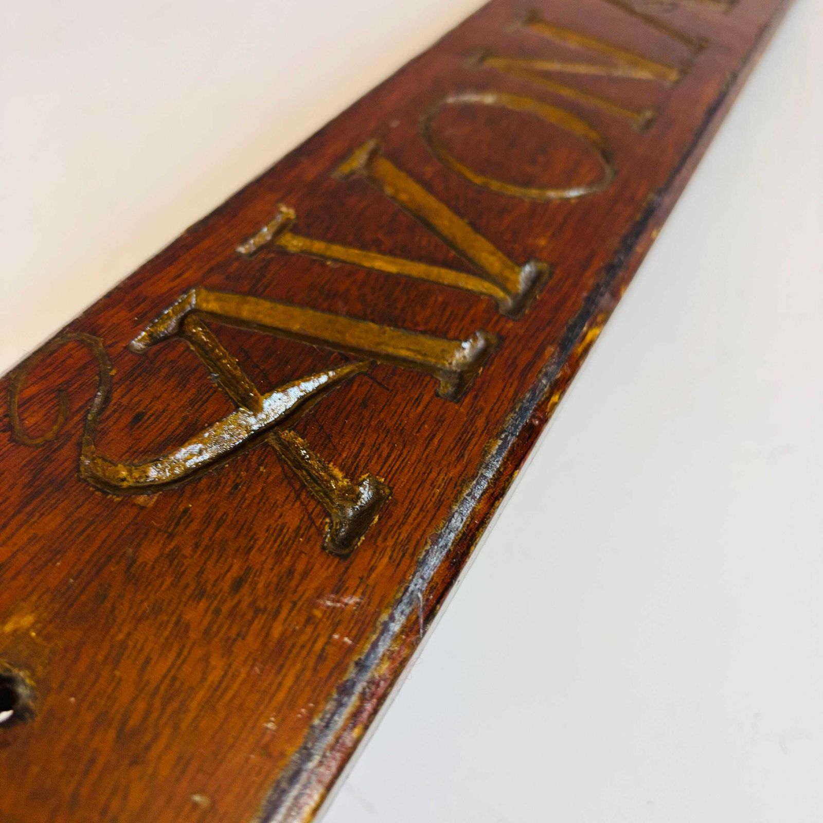 Antique Engraved Wooden Plaque: Gold Gilt "Avona", Rustic Decor photo vinterior