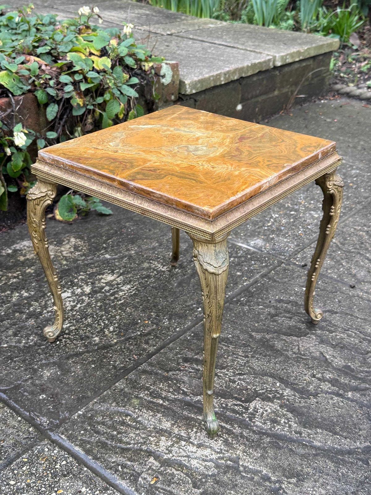 Authentic Retro Brass Detailed Side Table With Marble Onyx Top Retro Neoclassical Style photo Furniture
