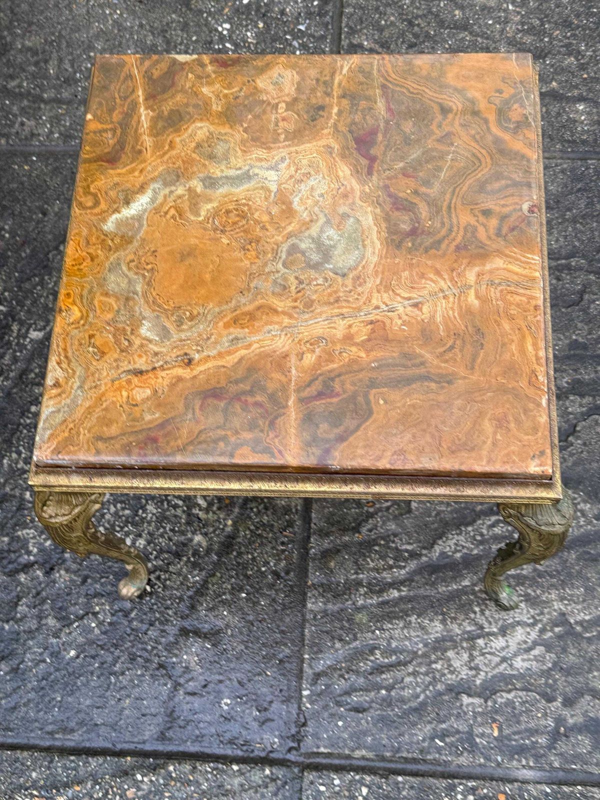 Furniture Authentic Retro Brass Detailed Side Table With Marble Onyx Top Retro Neoclassical Style photo