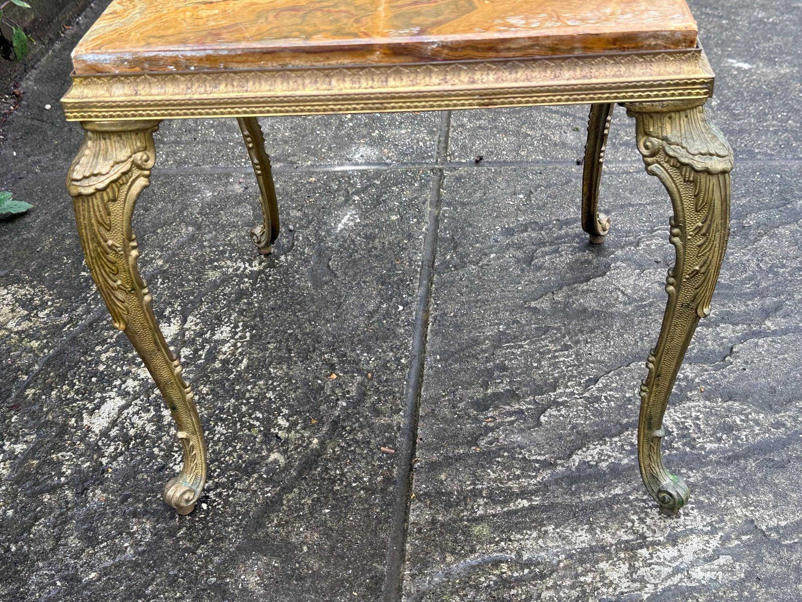 photo buy Authentic Retro Brass Detailed Side Table With Marble Onyx Top Retro Neoclassical Style